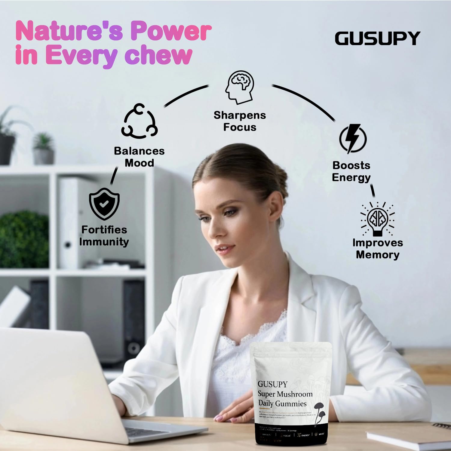 GUSUPY Mushroom Gummies on a wooden table with fresh blueberries