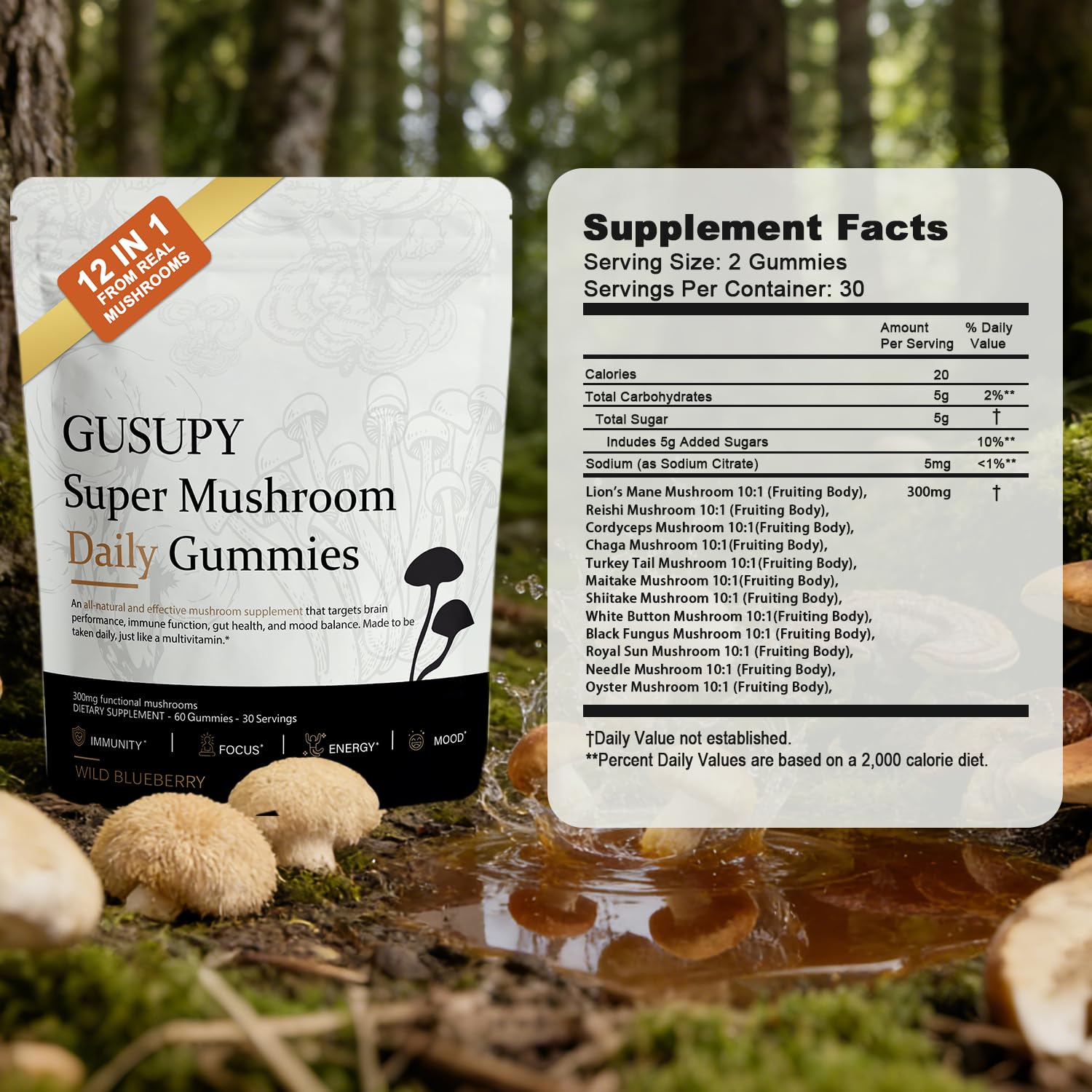 GUSUPY Mushroom Gummies with a close-up of the gummy texture
