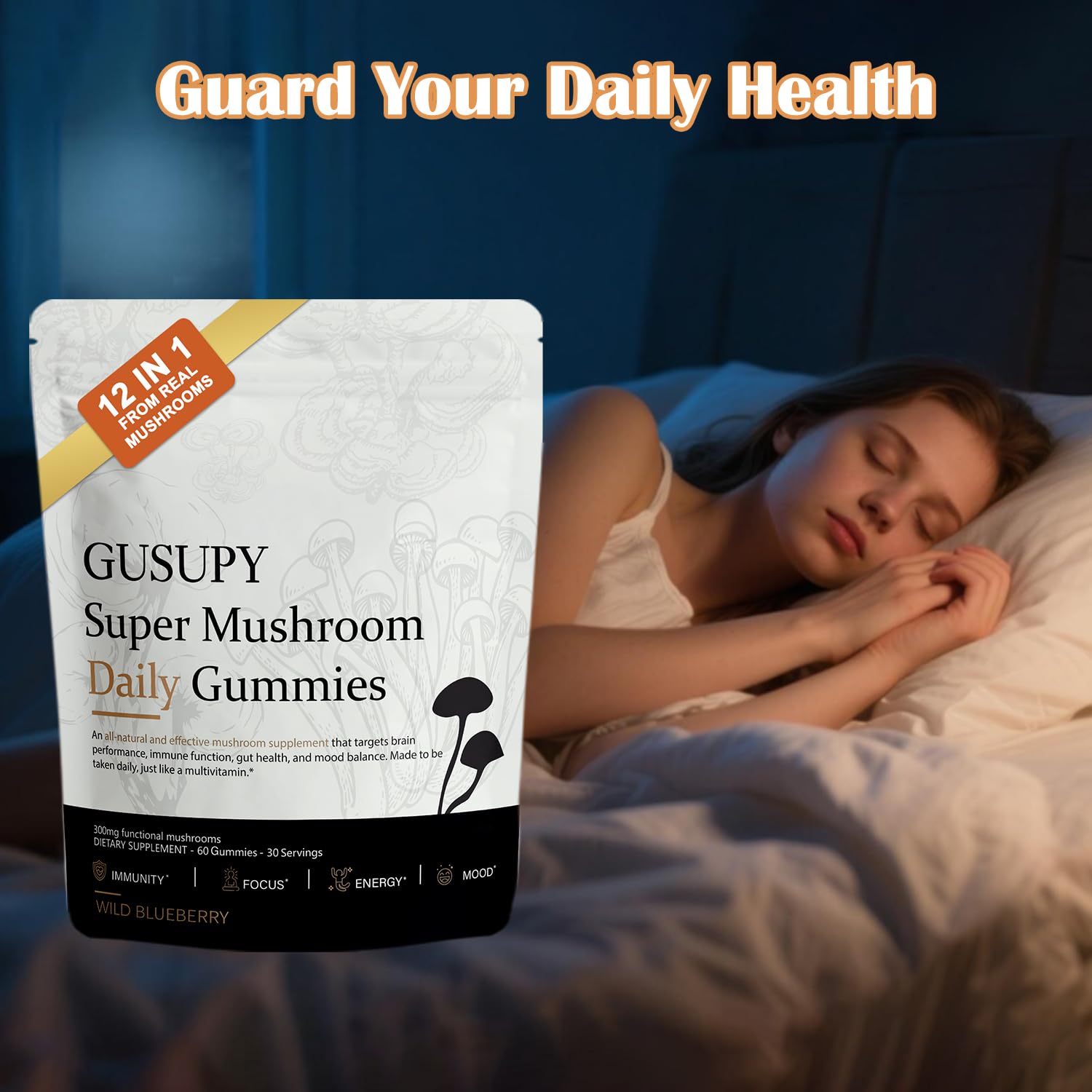 GUSUPY Mushroom Gummies with a hand holding a gummy