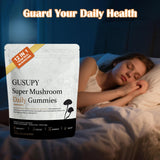 GUSUPY Mushroom Gummies with a hand holding a gummy