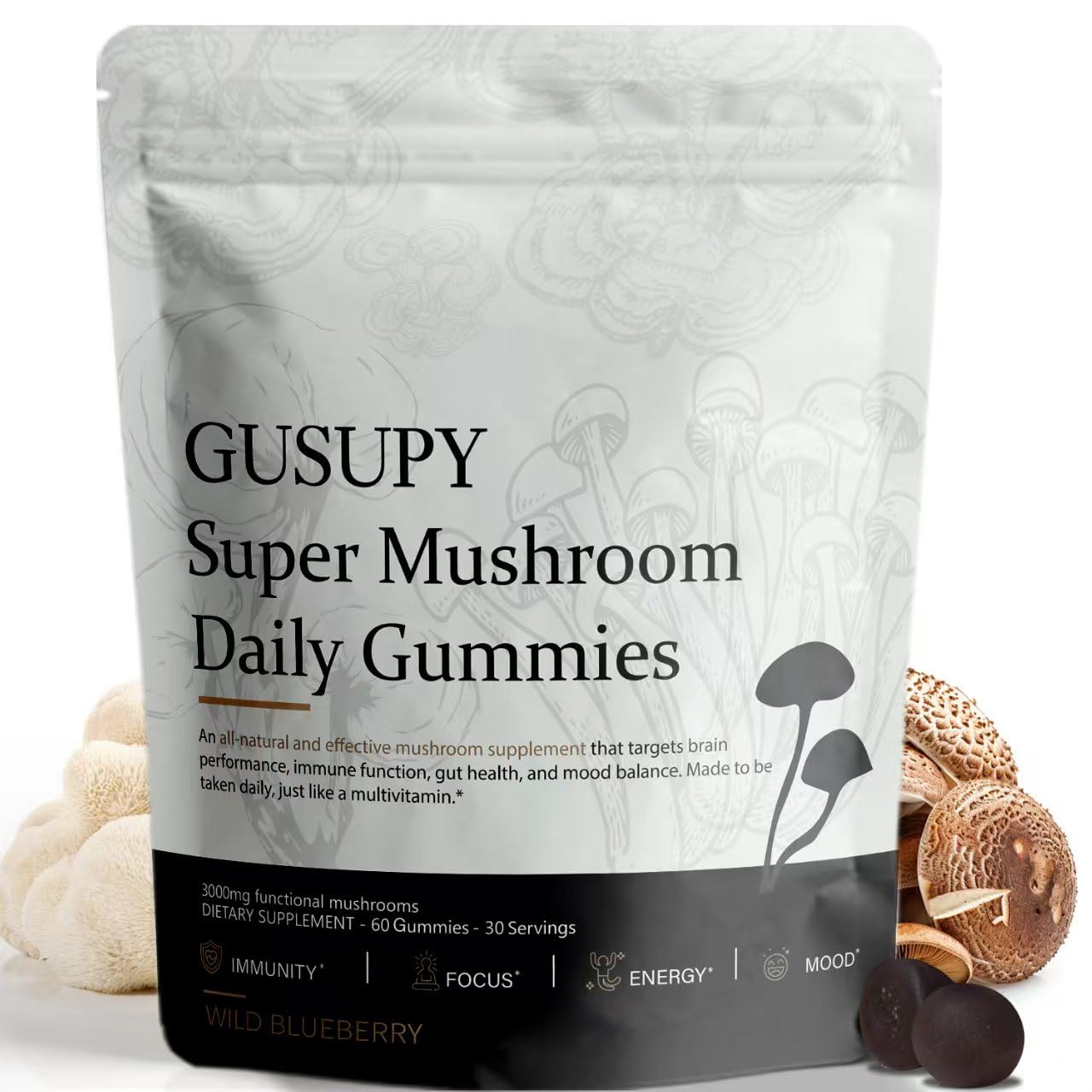 GUSUPY Mushroom Supplement Gummies front view with blueberry flavour