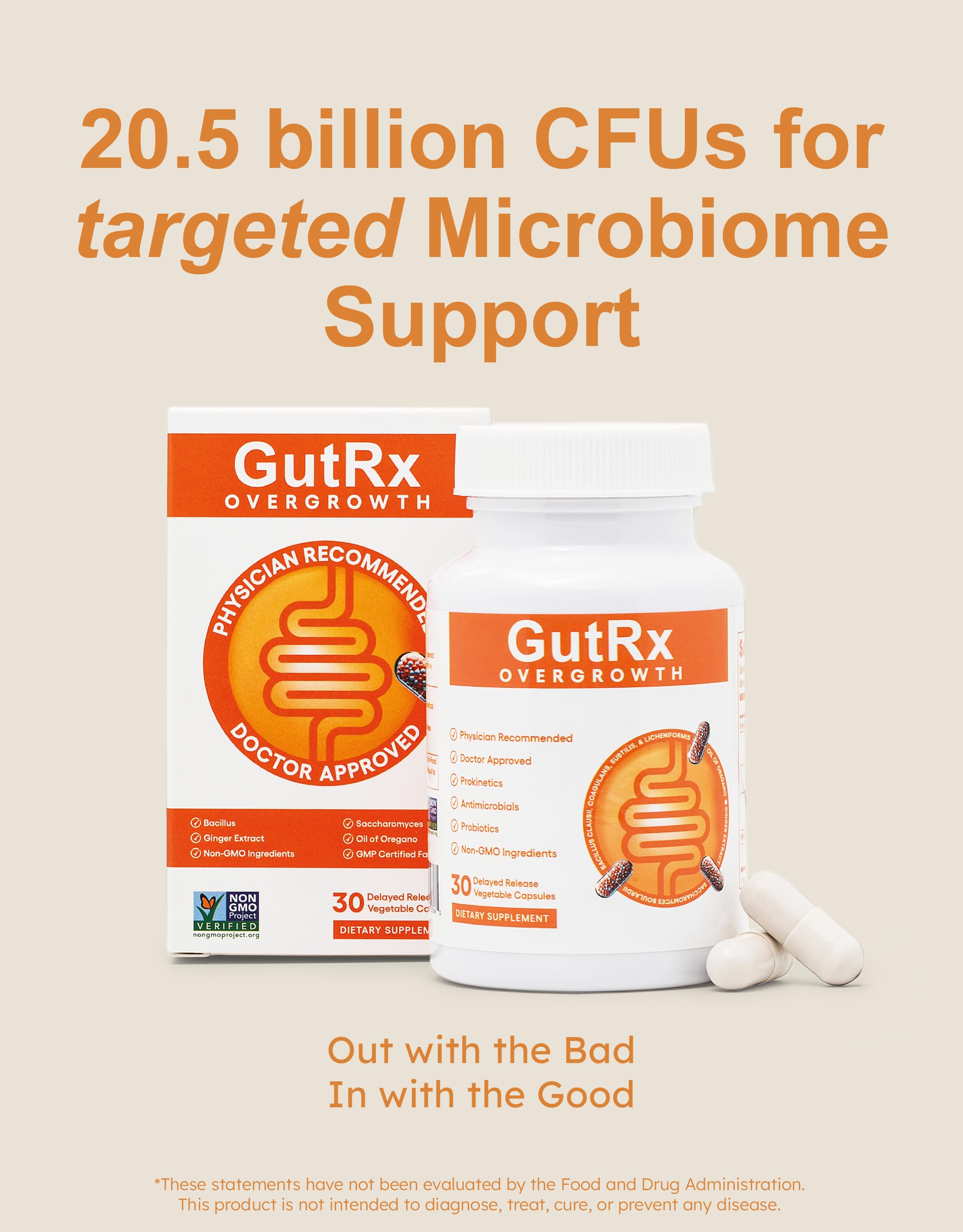 GutRx Probiotic + Yeast Blend capsules close-up