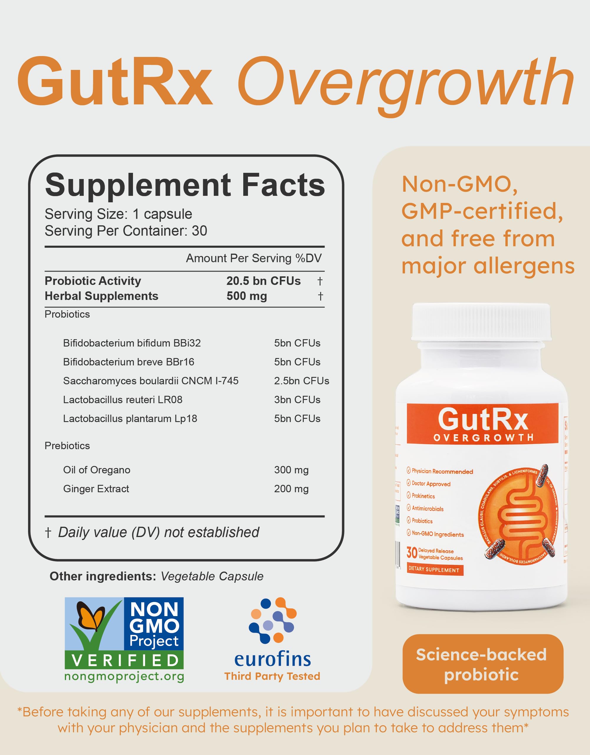 GutRx Probiotic + Yeast Blend nutritional information on packaging