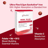 Gynable Iron Plus 18mg supplement displayed with a glass of water