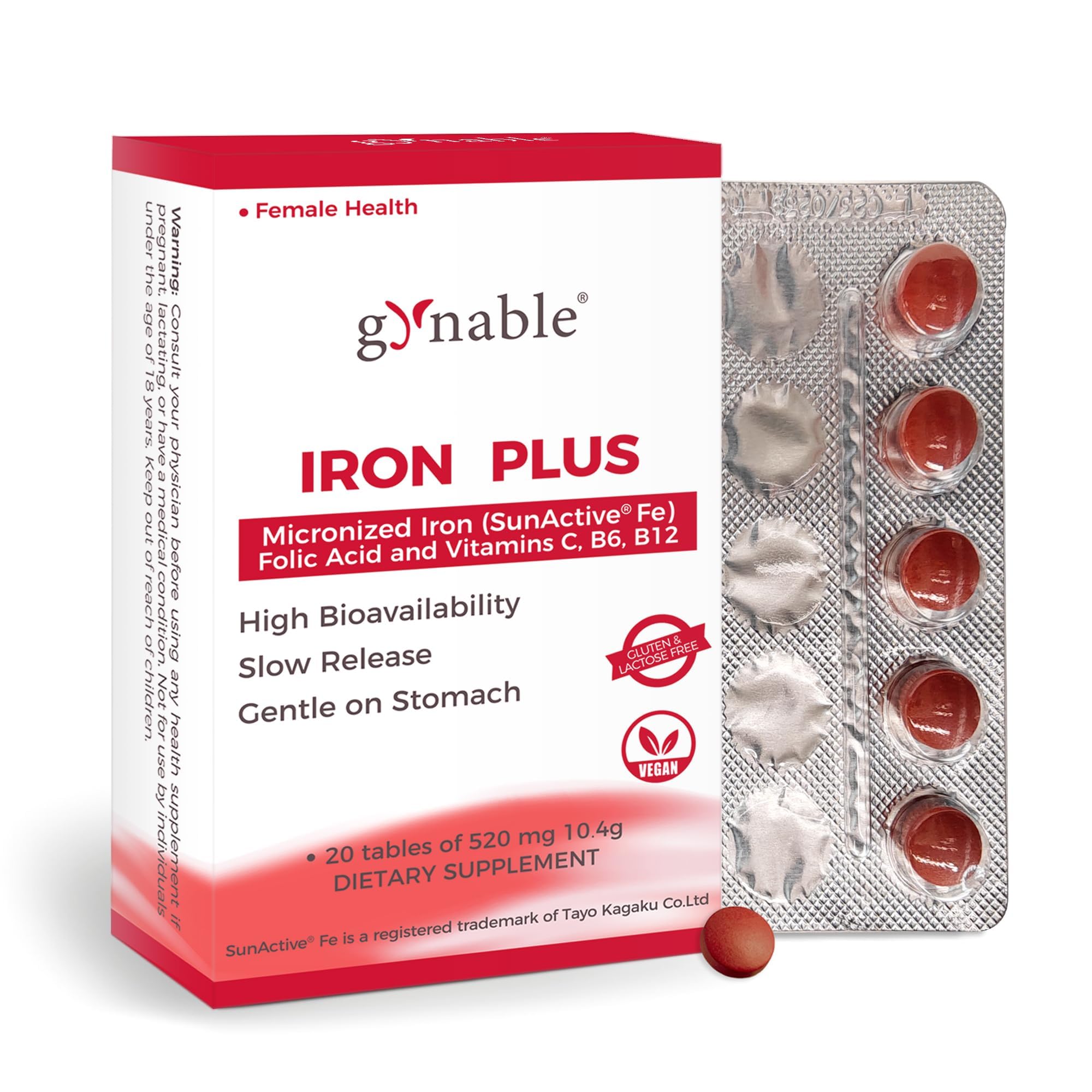 Gynable Iron Plus 18mg supplement front view packaging