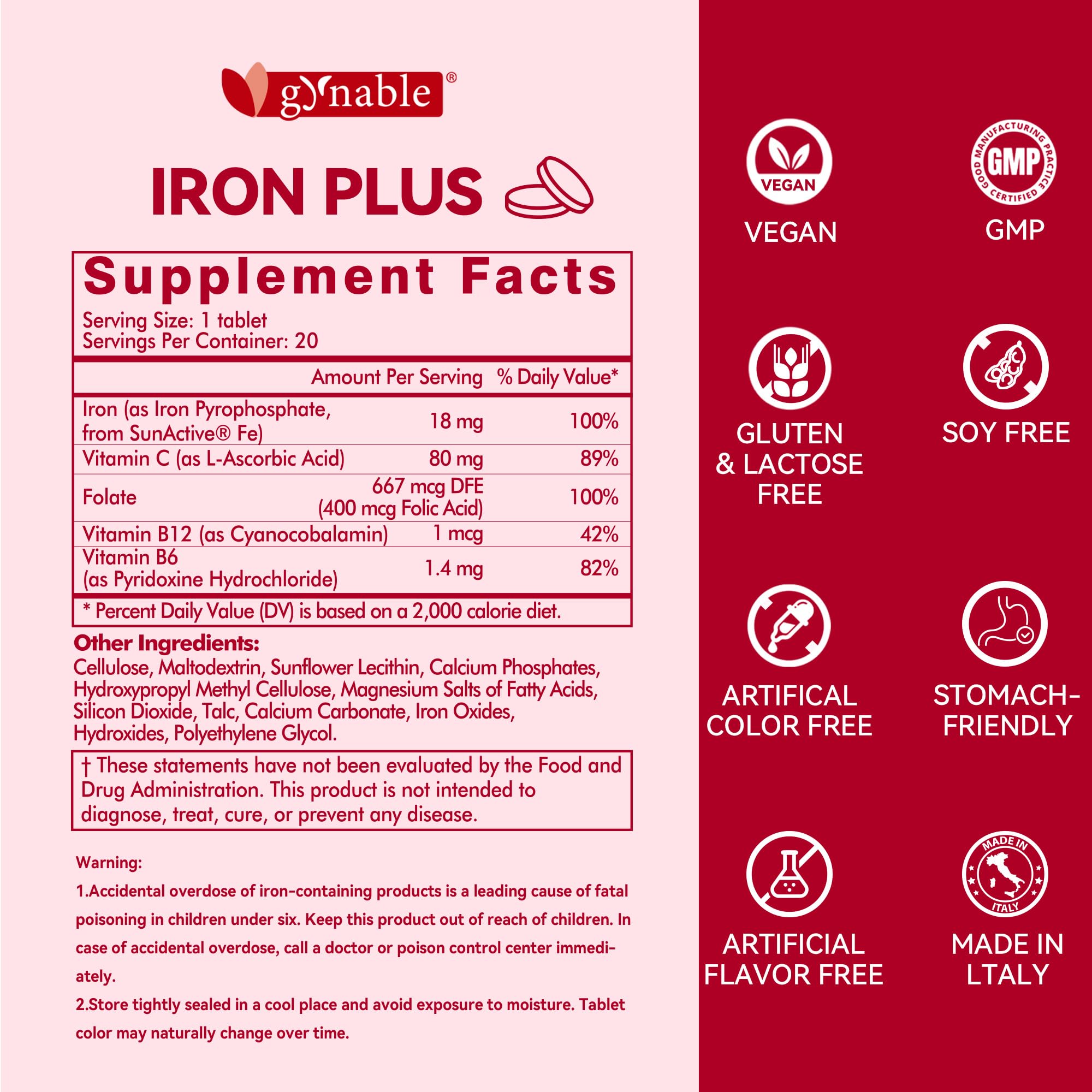Gynable Iron Plus 18mg supplement opened with pills visible
