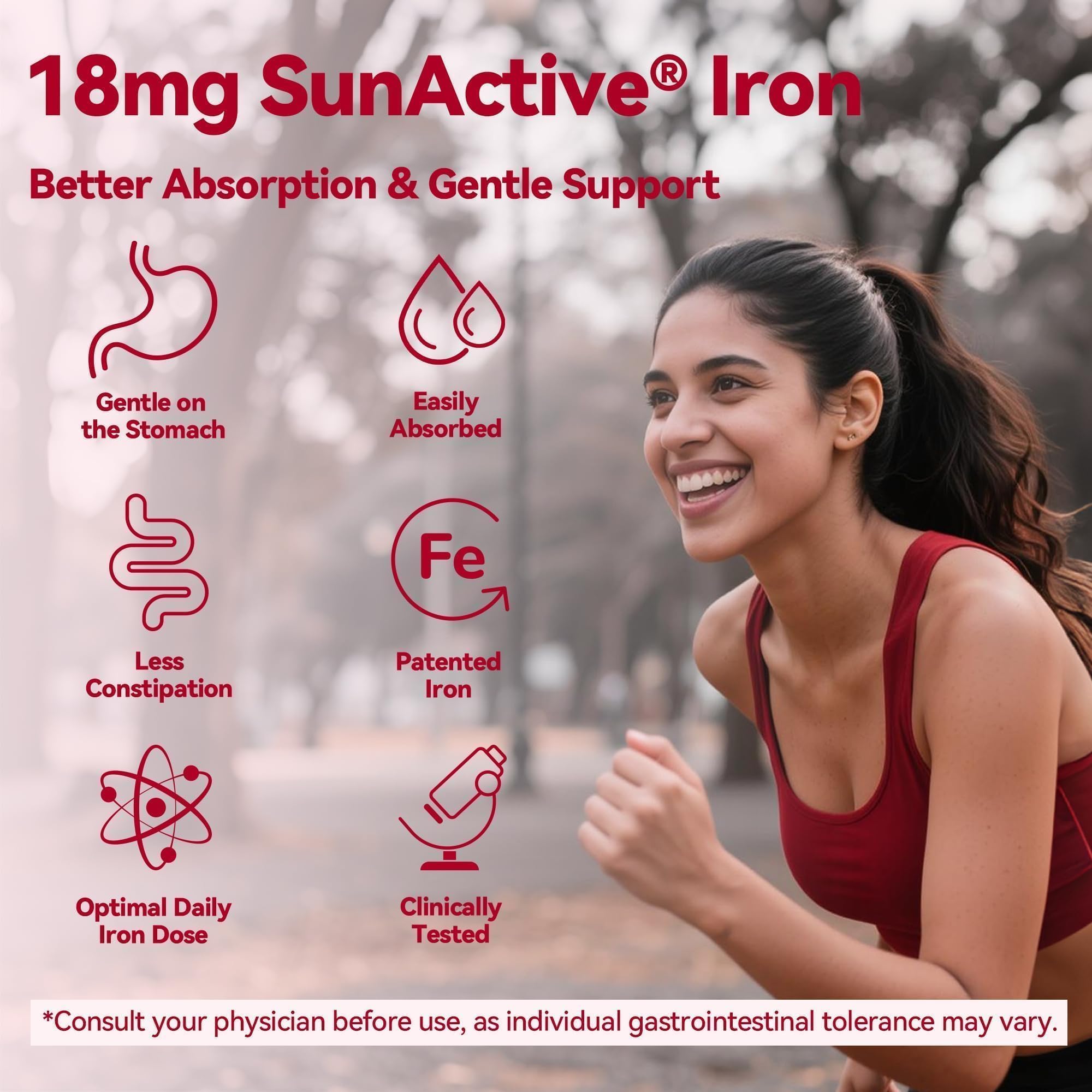 Gynable Iron Plus 18mg supplement showing individual pill size