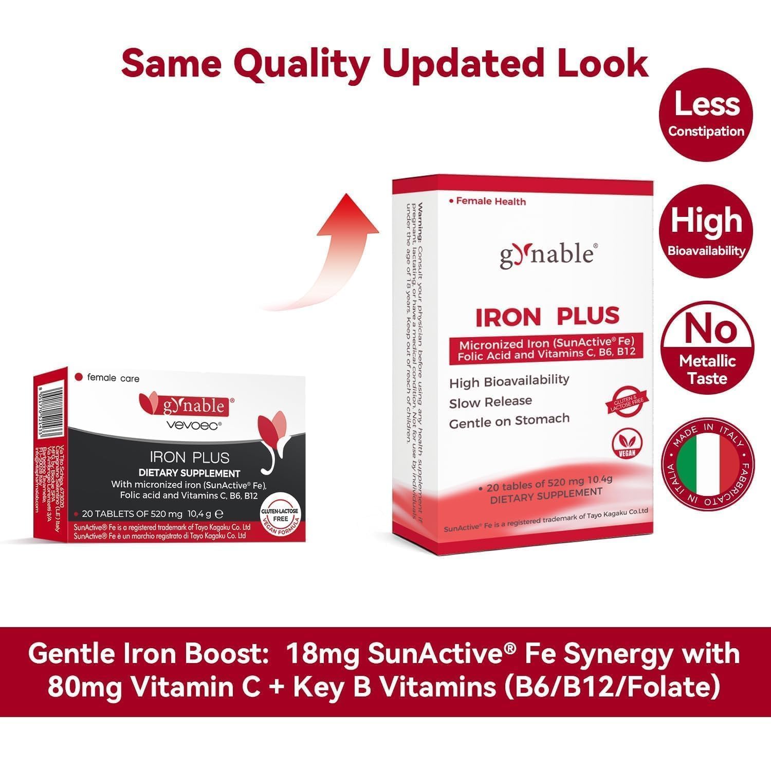 Gynable Iron Plus 18mg supplement side view with dosage details