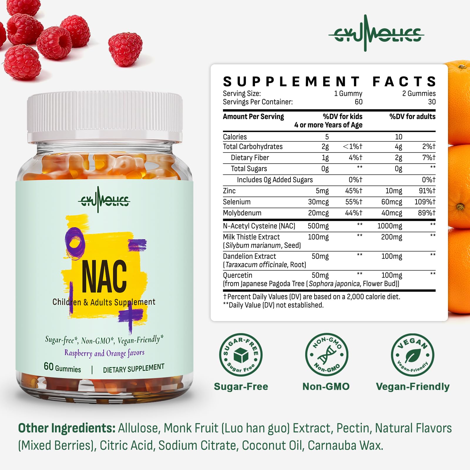 Gyumolics NAC Gummies on a kitchen counter with fresh berries