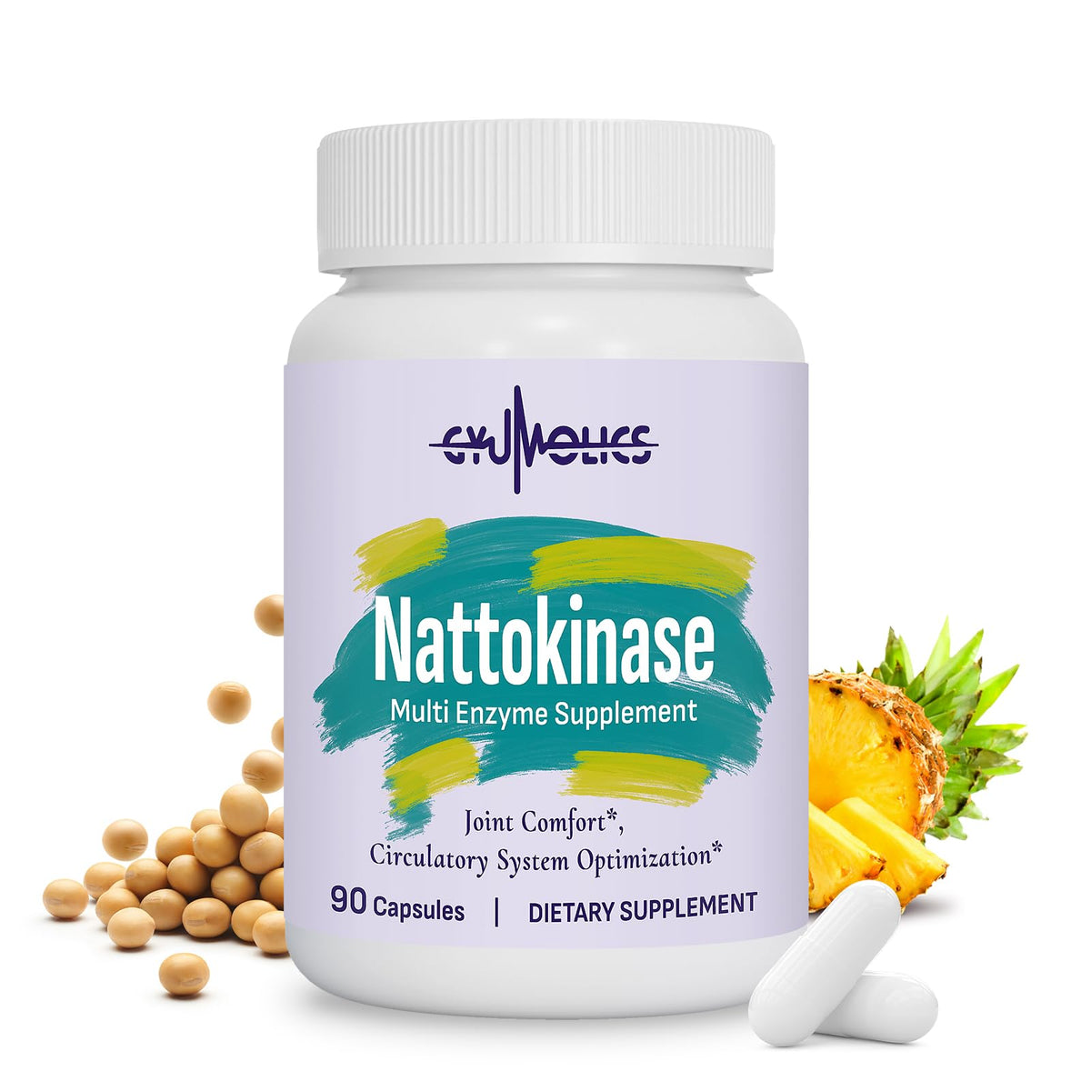 Gyumolics Nattokinase Supplement bottle front view with 90 capsules