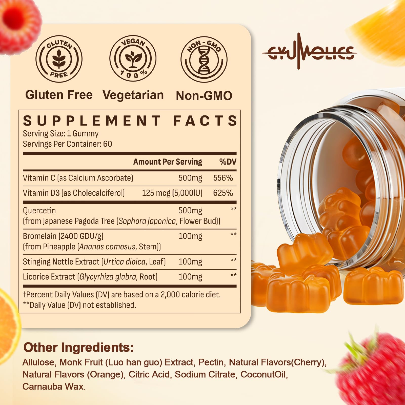 Gyumolics Quercetin Gummies with fresh fruits and plants