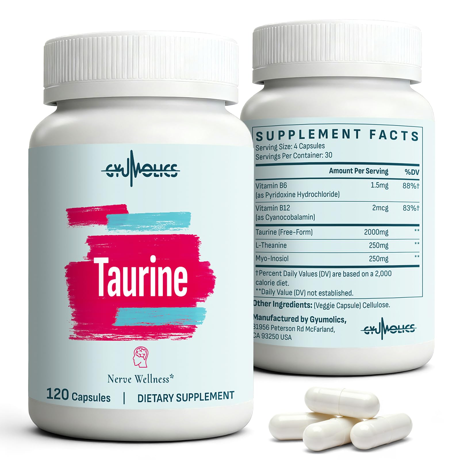 Gyumolics Taurine Supplement 2000mg vegetarian capsules front view