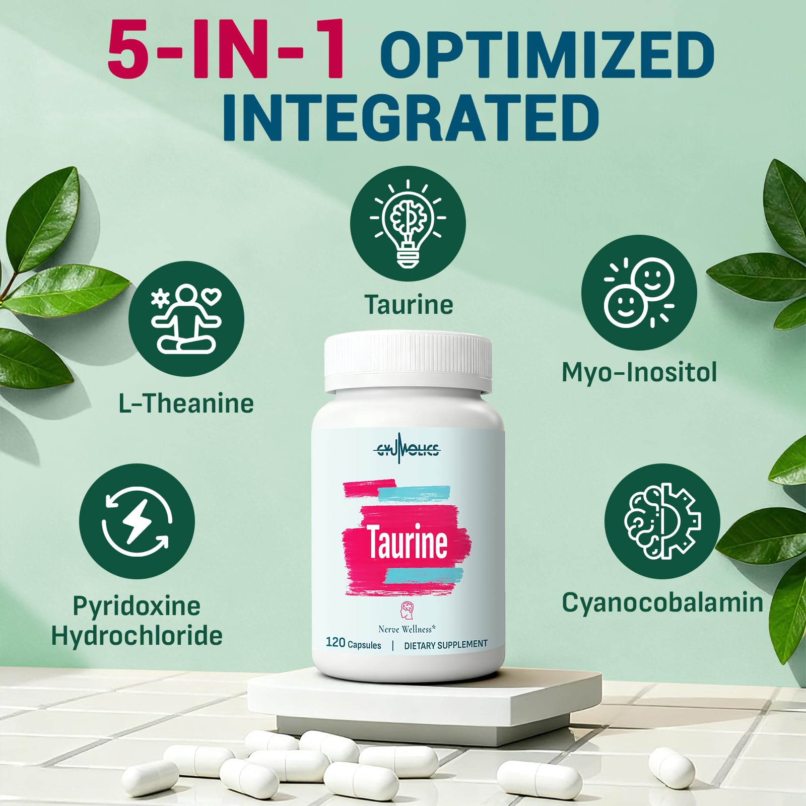 Gyumolics Taurine Supplement 2000mg vegetarian capsules side view
