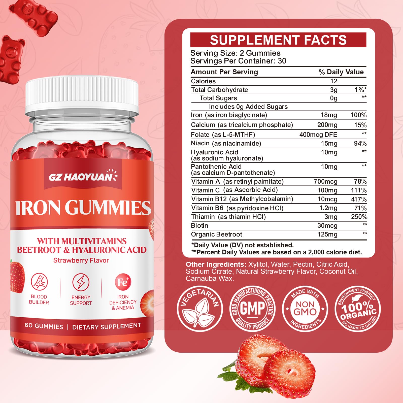 GZ HAOYUAN Iron Gummies displayed with fresh strawberries