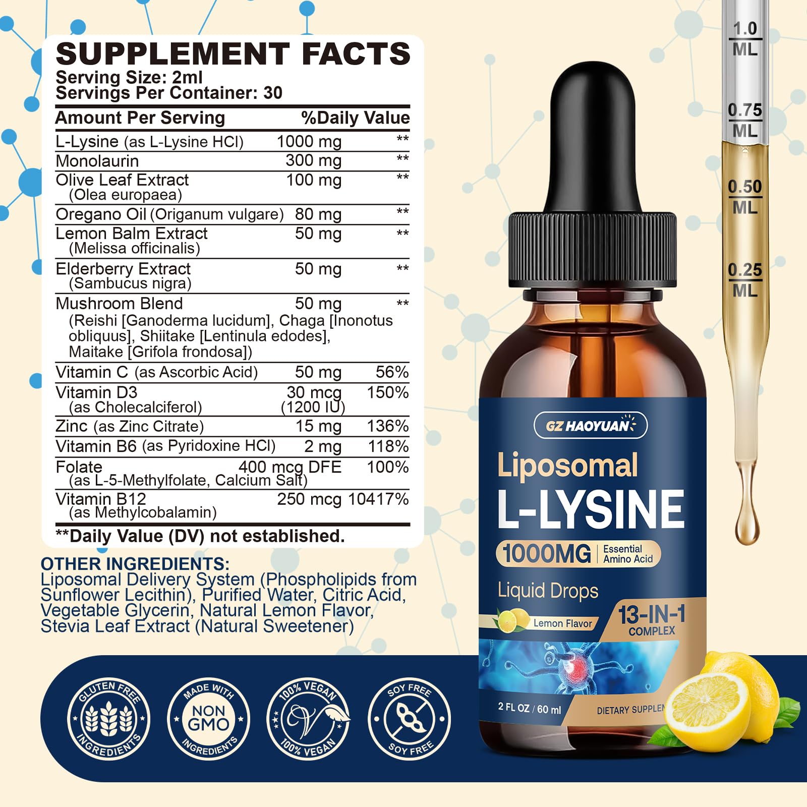 GZ HAOYUAN L-Lysine Liquid Drops 1000mg bottle side view