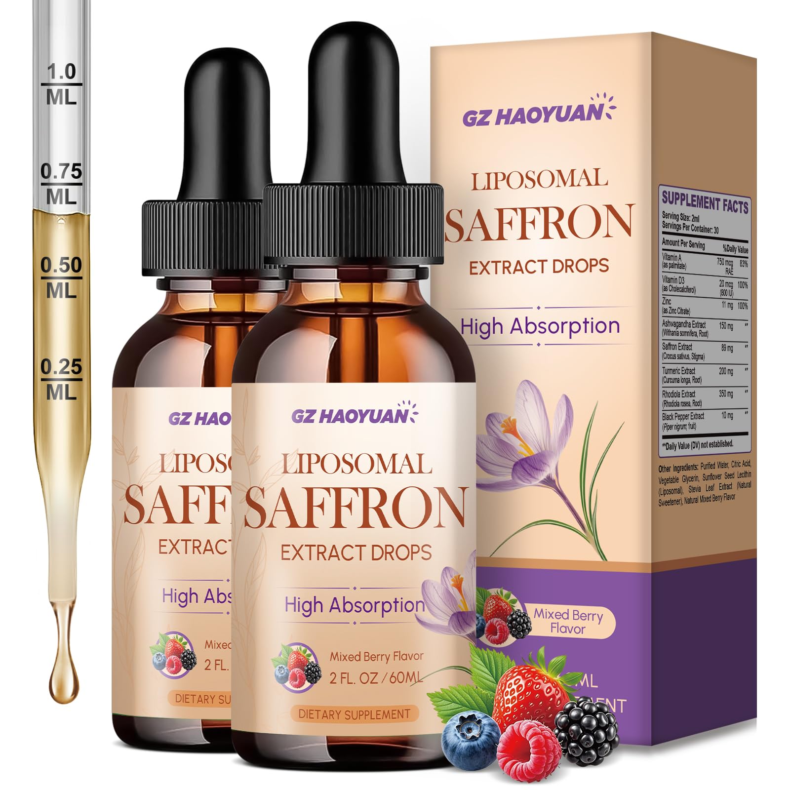 GZ HAOYUAN Liposomal Saffron Supplement 4 Fl Oz bottle front view