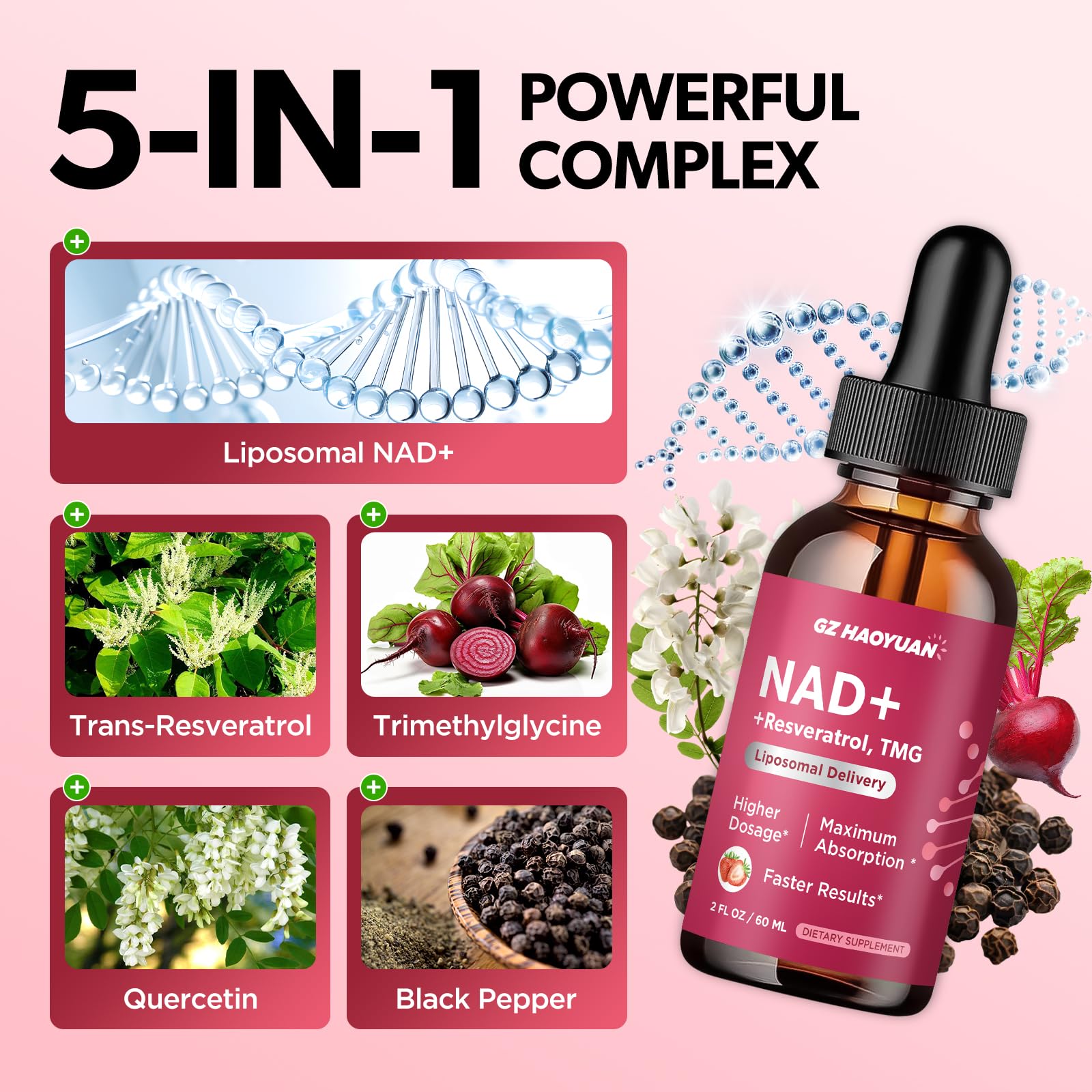 GZ HAOYUAN NAD+ Resveratrol Supplement 1200mg liquid drops on a wooden table