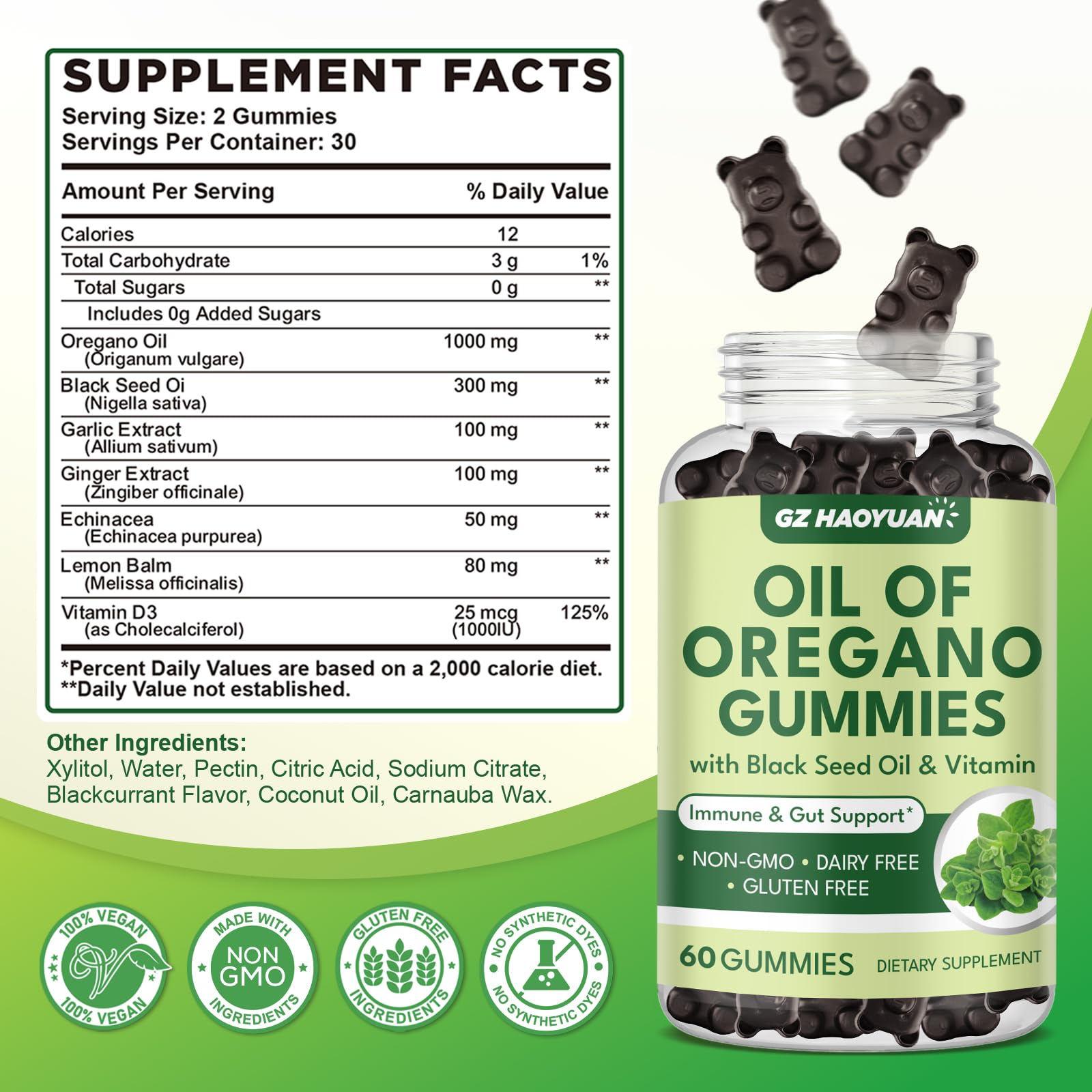 GZ HAOYUAN Oregano Oil Gummies bottle side view