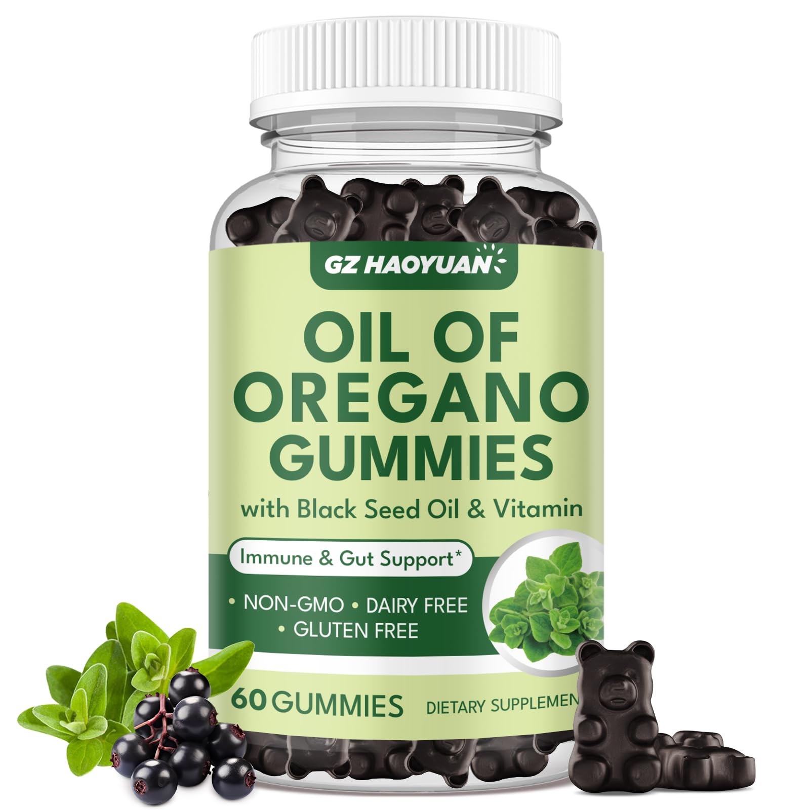 GZ HAOYUAN Oregano Oil Gummies front view with blackcurrant flavour