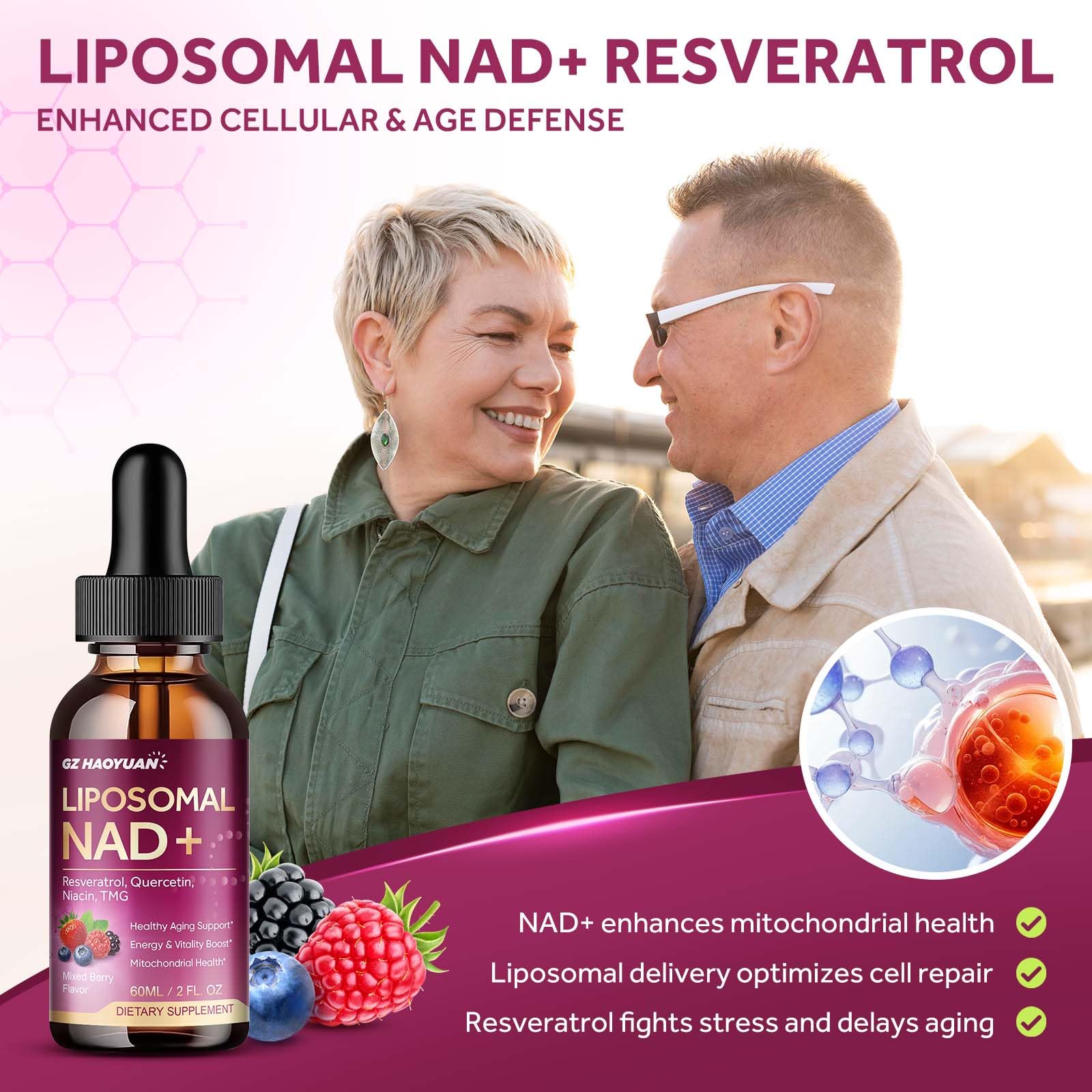 GZ HAOYUAN Resveratrol Liquid Supplement lifestyle scene with fruit