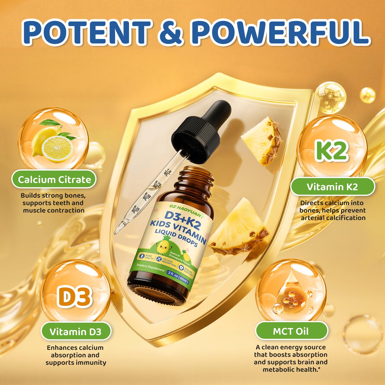 GZ HAOYUAN Vitamin D3 K2 Liquid Drops 60ml bottle with pineapple flavour