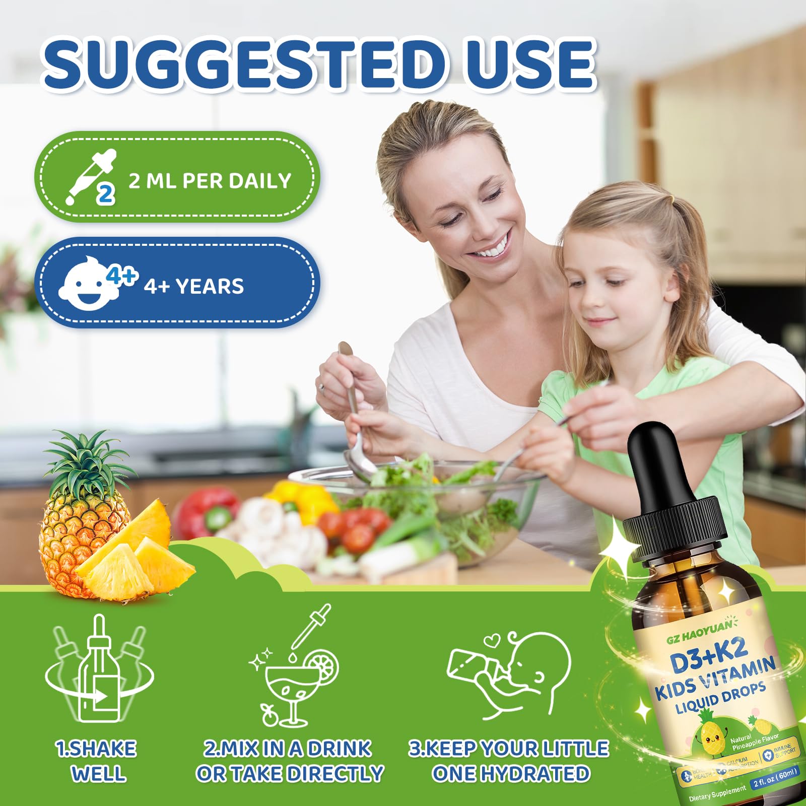 GZ HAOYUAN Vitamin D3 K2 Liquid Drops 60ml in a kitchen setting