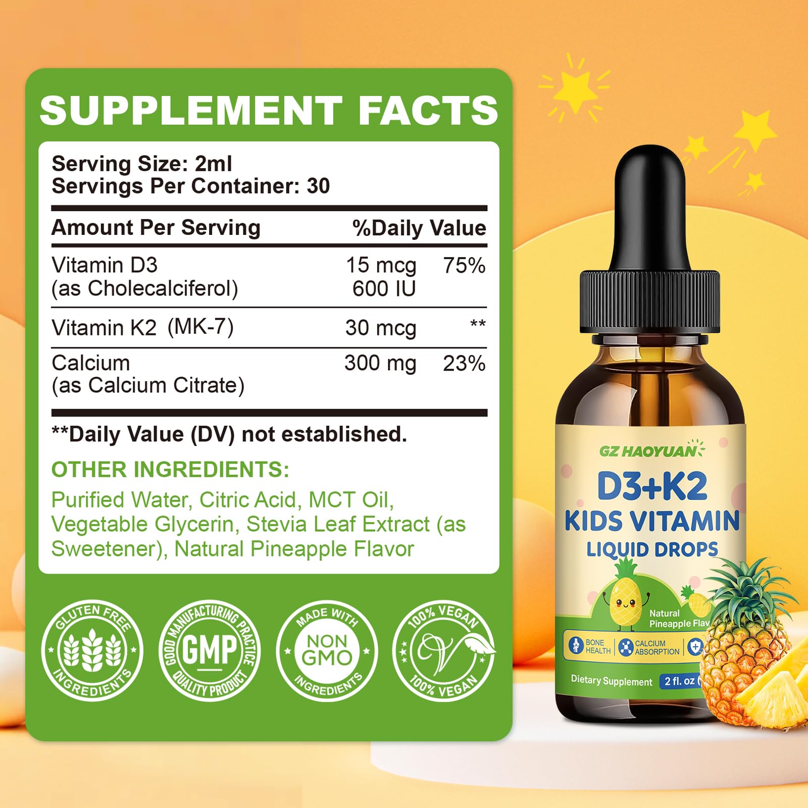 GZ HAOYUAN Vitamin D3 K2 Liquid Drops 60ml with fresh pineapple