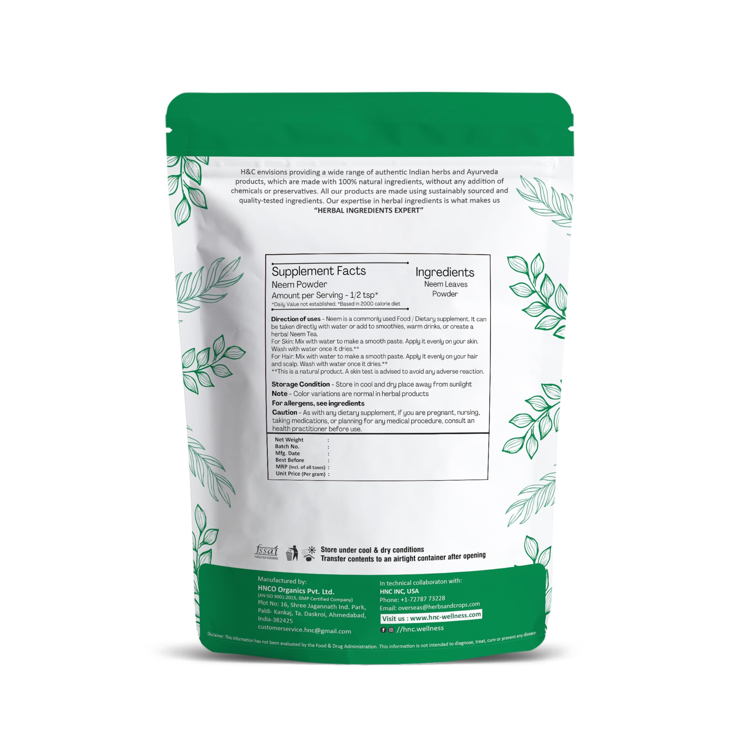 H&C Neem Leaves Powder 227g back view with ingredients list