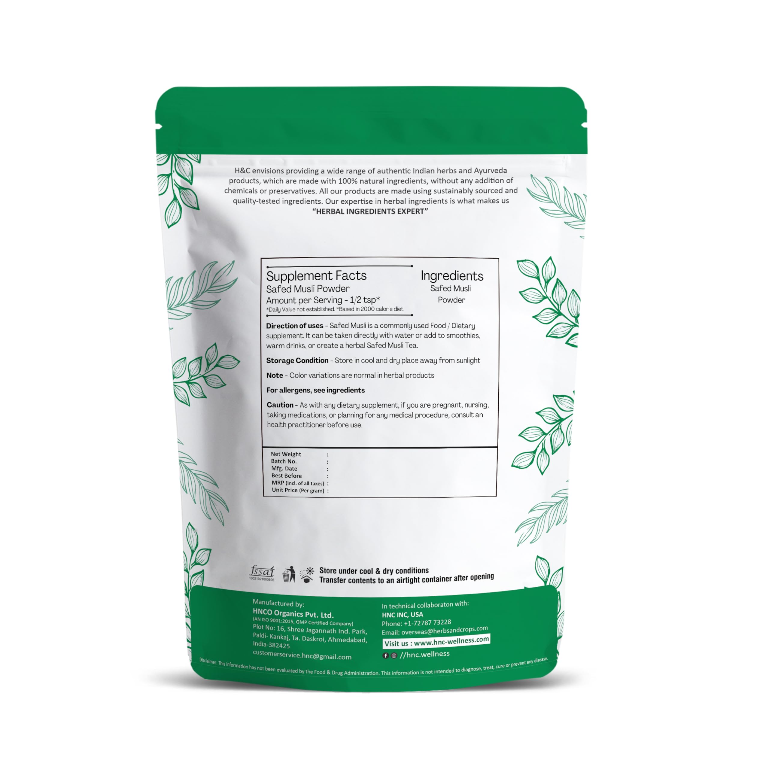 H&C Safed Musli Powder packaging side view