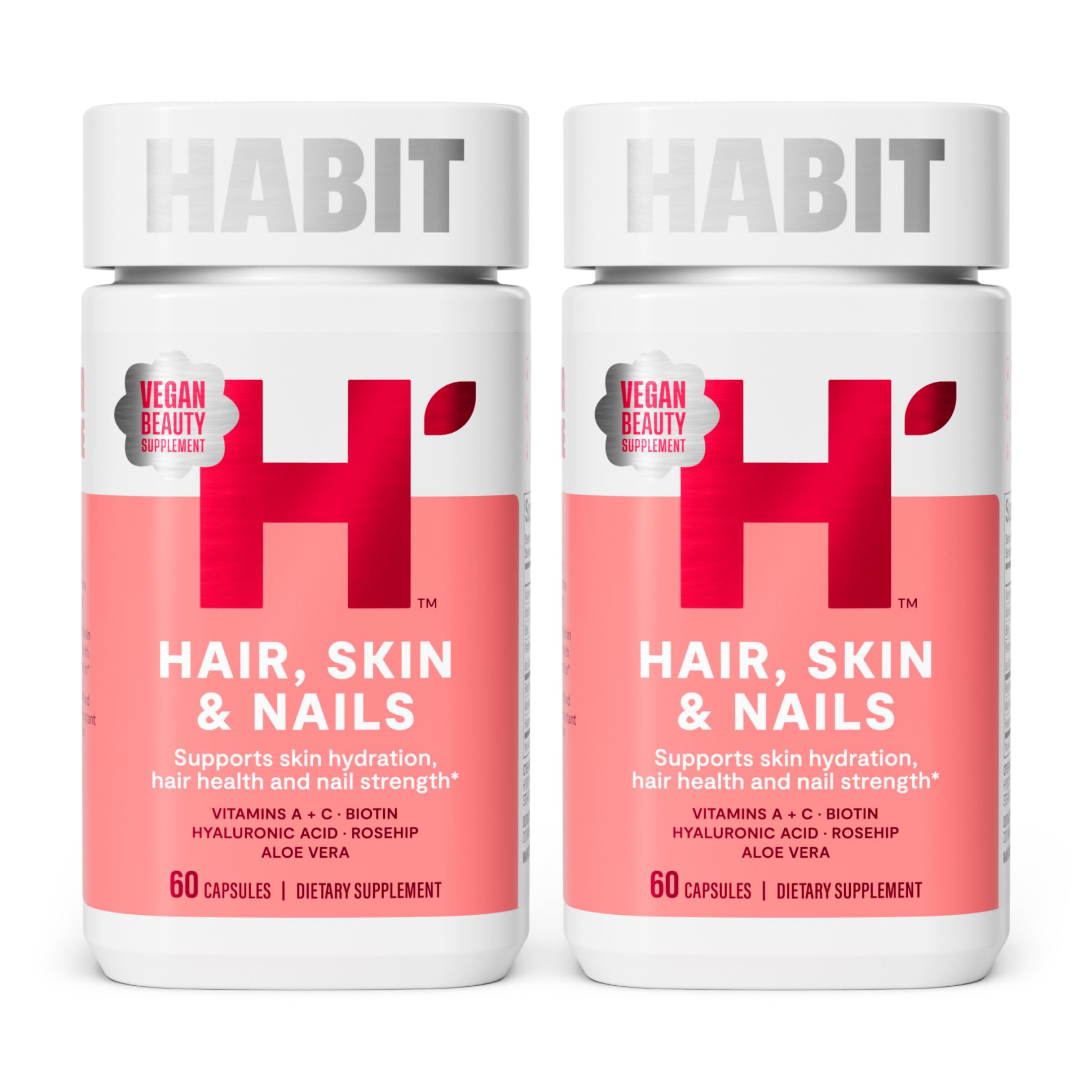 H' Habit Hair, Skin & Nails supplement front view with bottle and capsules
