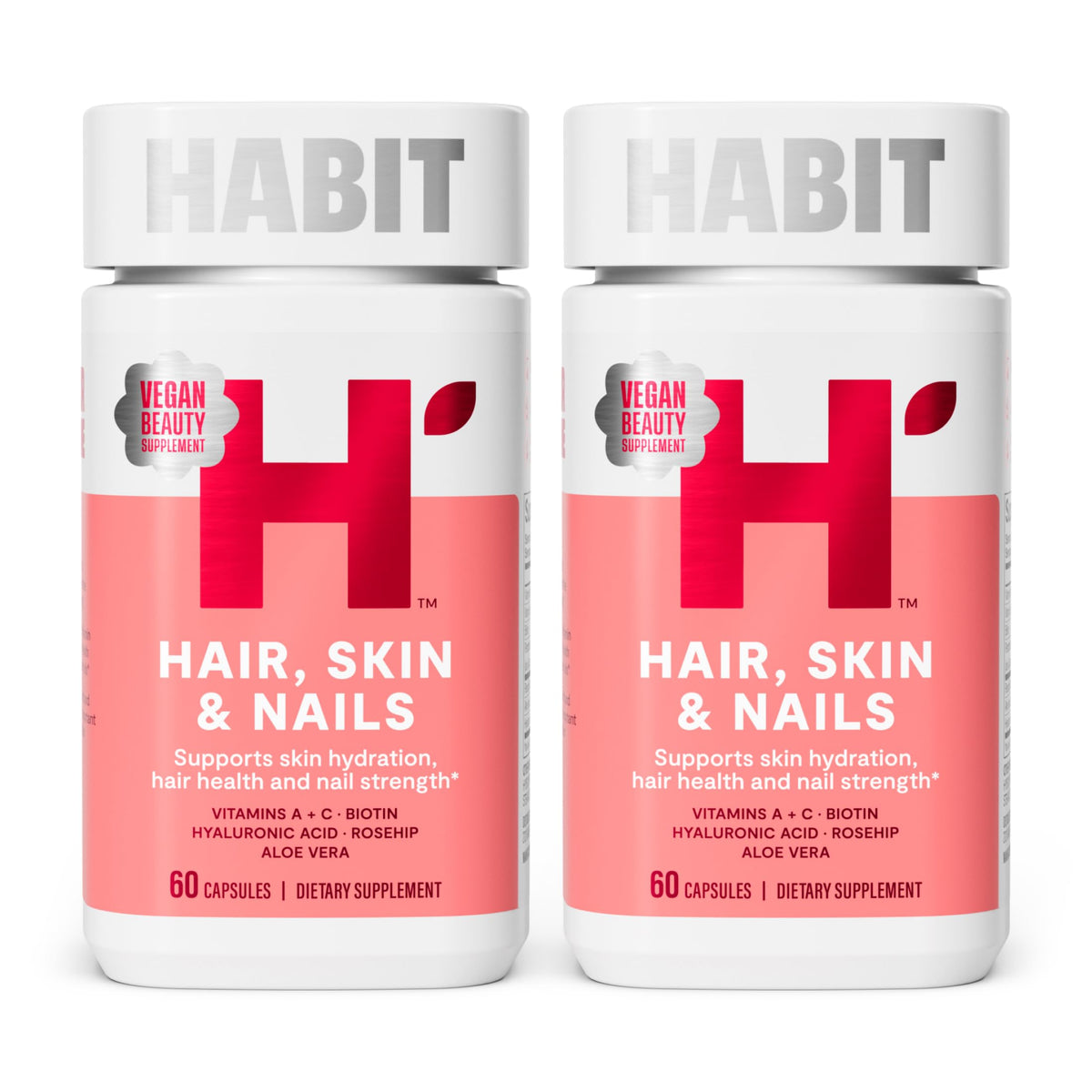 H' Habit Hair, Skin & Nails supplement front view with bottle and capsules