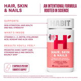 H' Habit Hair, Skin & Nails supplement with a measuring spoon of capsules