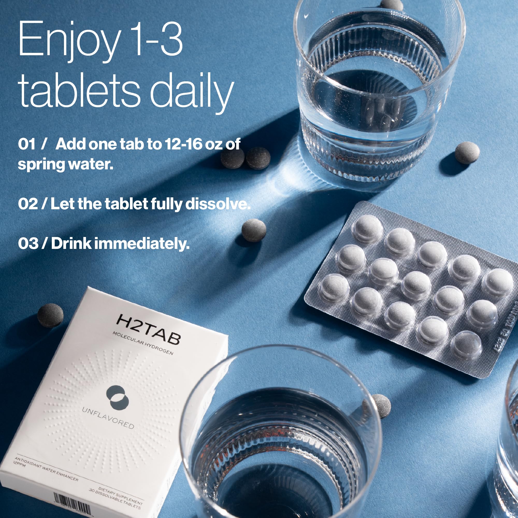 H2TAB Magnesium Hydrogen Water Tablets in a glass of water