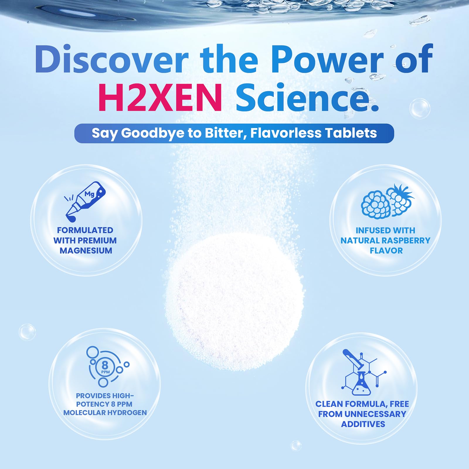 H2XEN Molecular Hydrogen Tablets in a glass of water