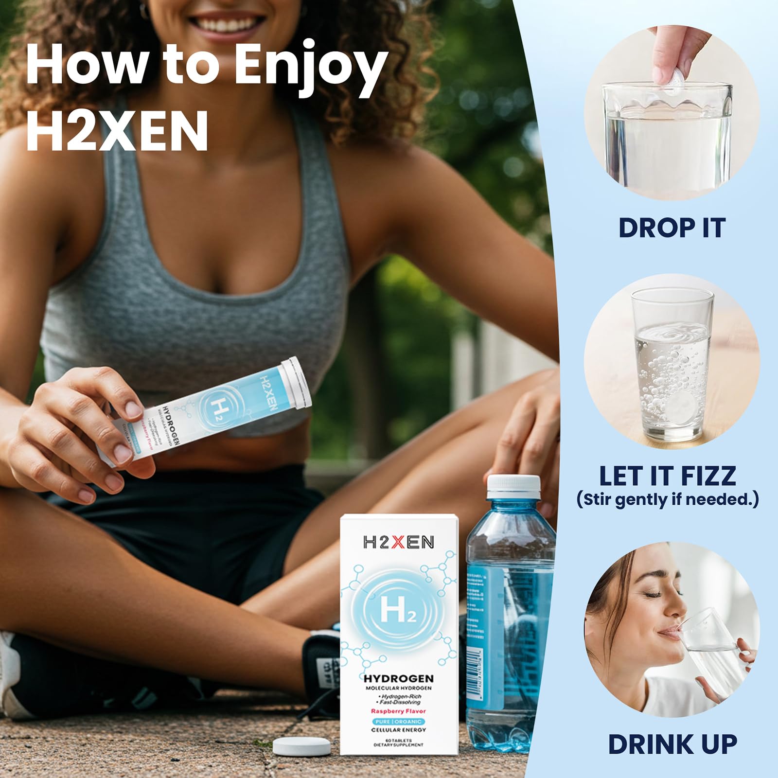 H2XEN Molecular Hydrogen Tablets on a kitchen counter
