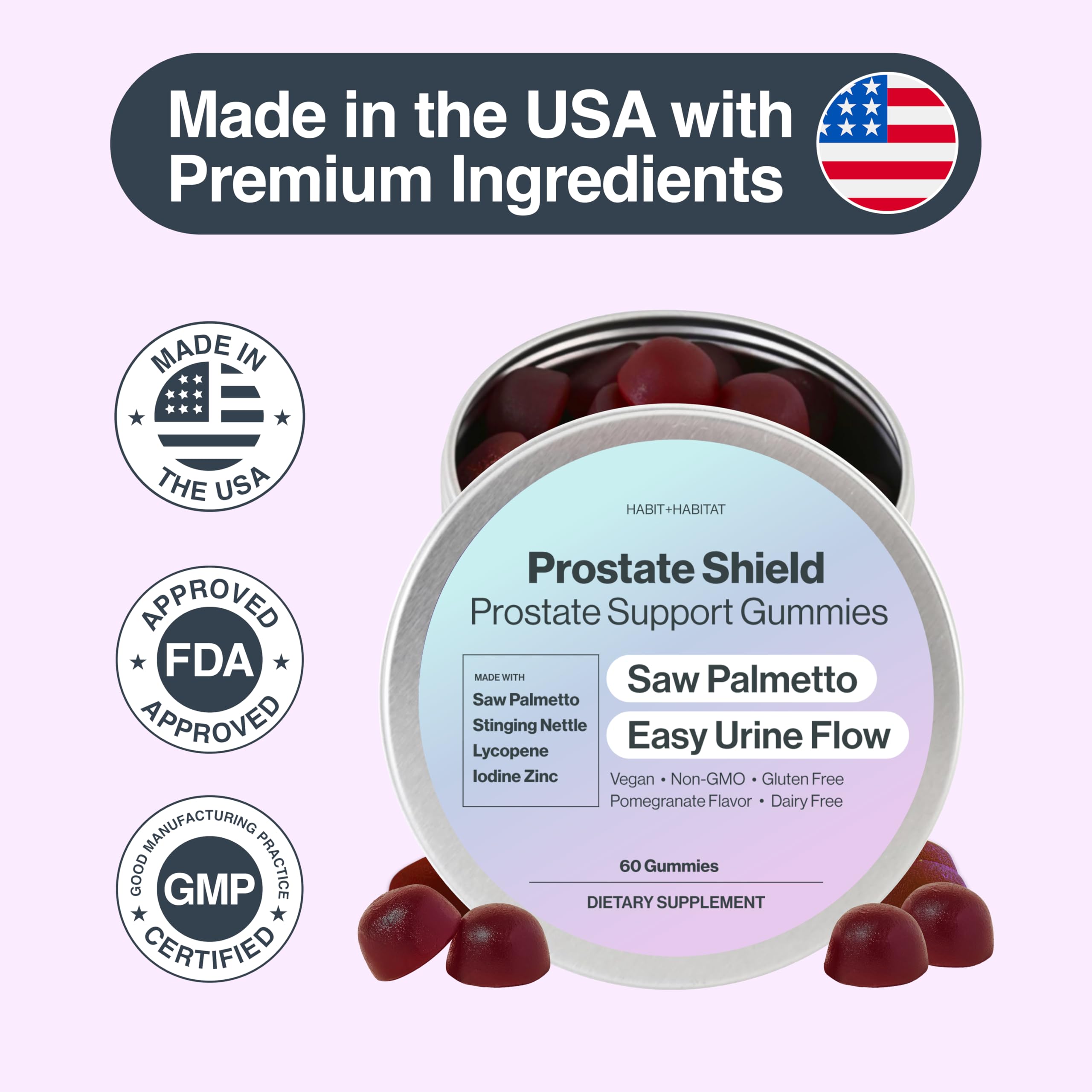 Habit + Habitat Saw Palmetto Gummies ingredients list on the back of the tin