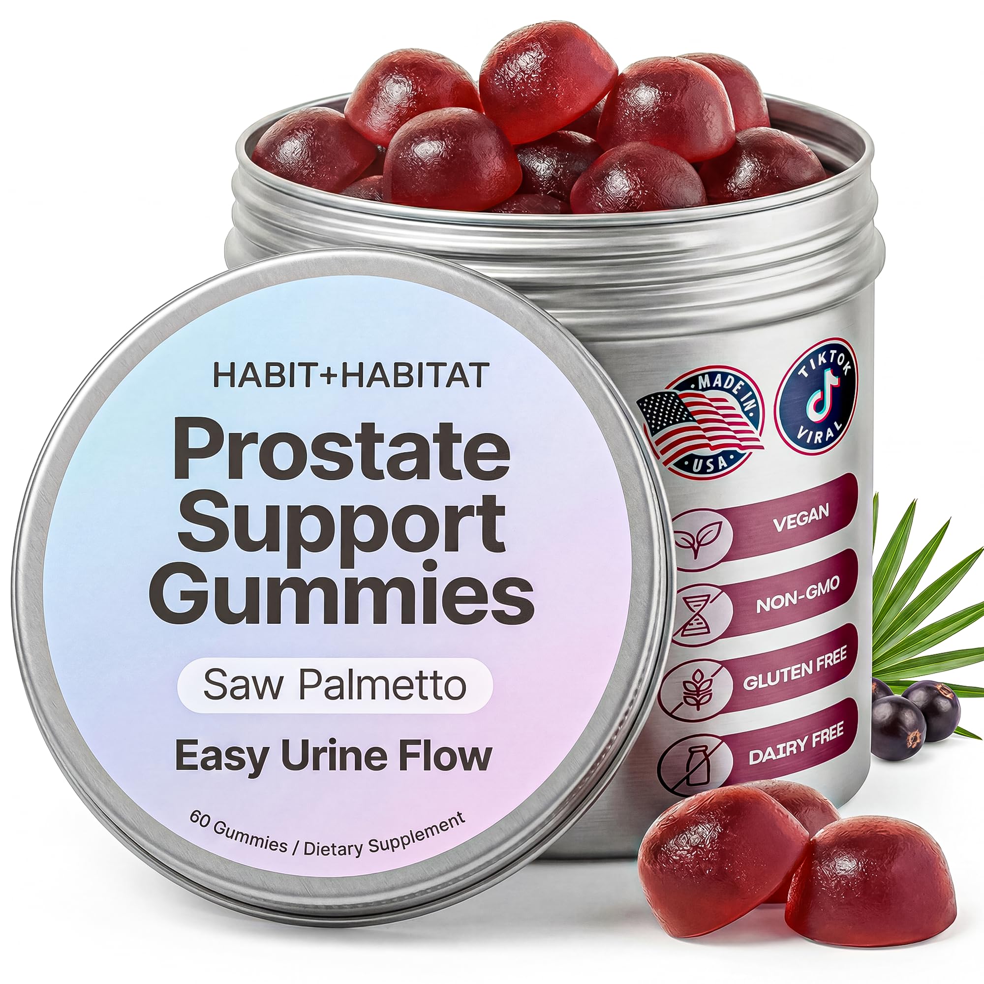 Habit + Habitat Saw Palmetto Gummies tin front view with pomegranate flavour