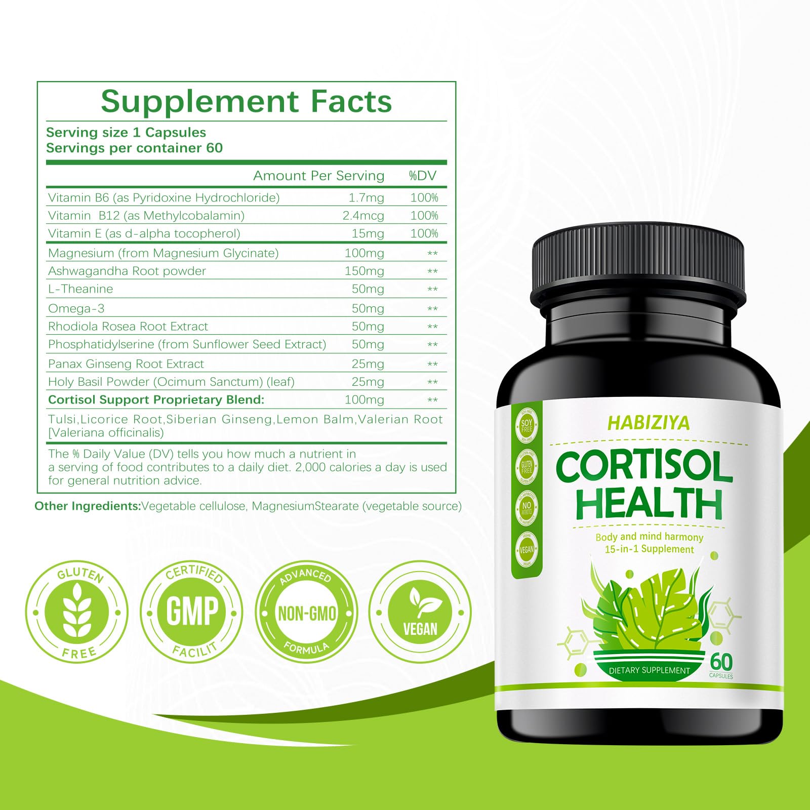 HABIZIYA Cortisol Support Supplement 15-in-1 capsule close-up