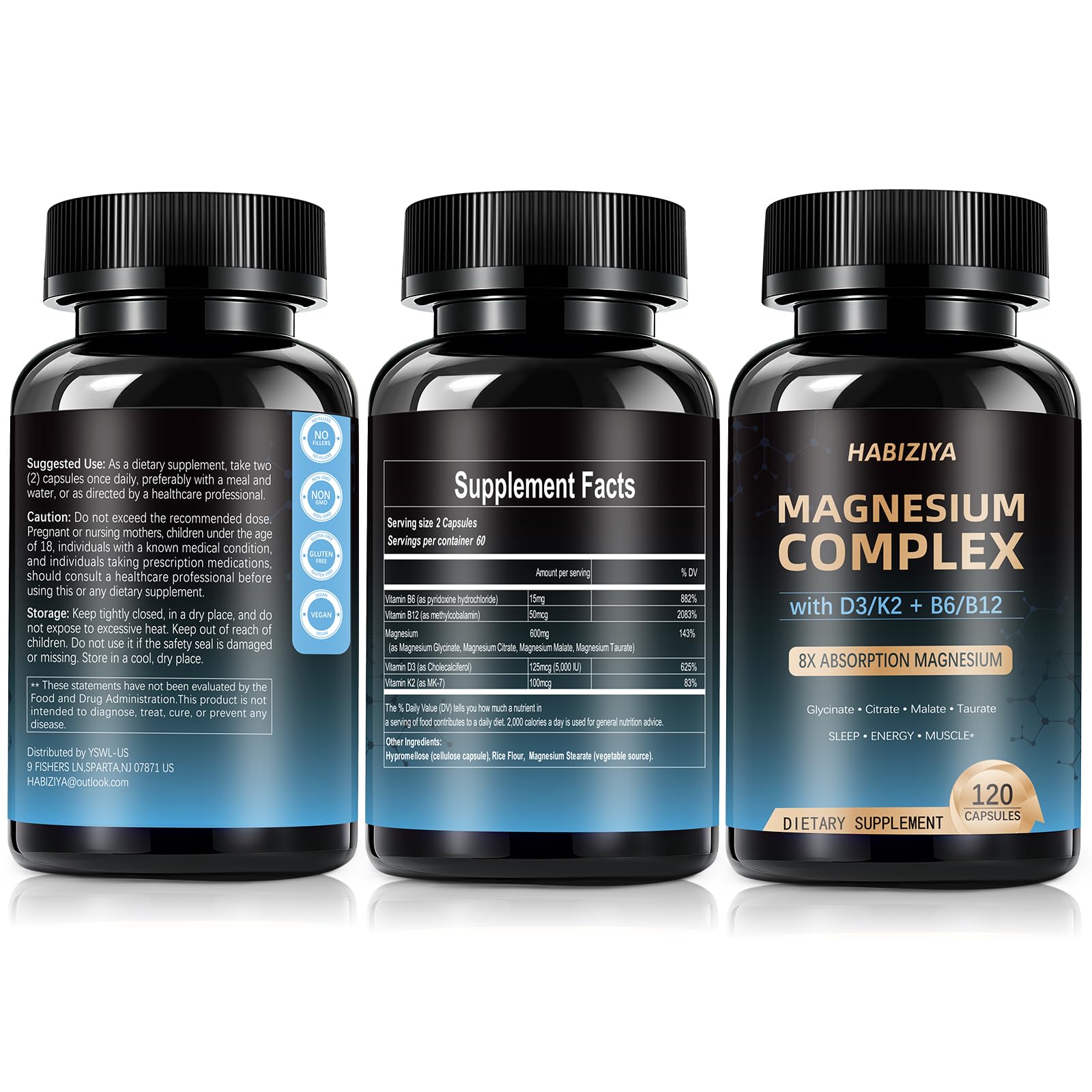HABIZIYA Magnesium Complex 600mg packaging with nutritional information