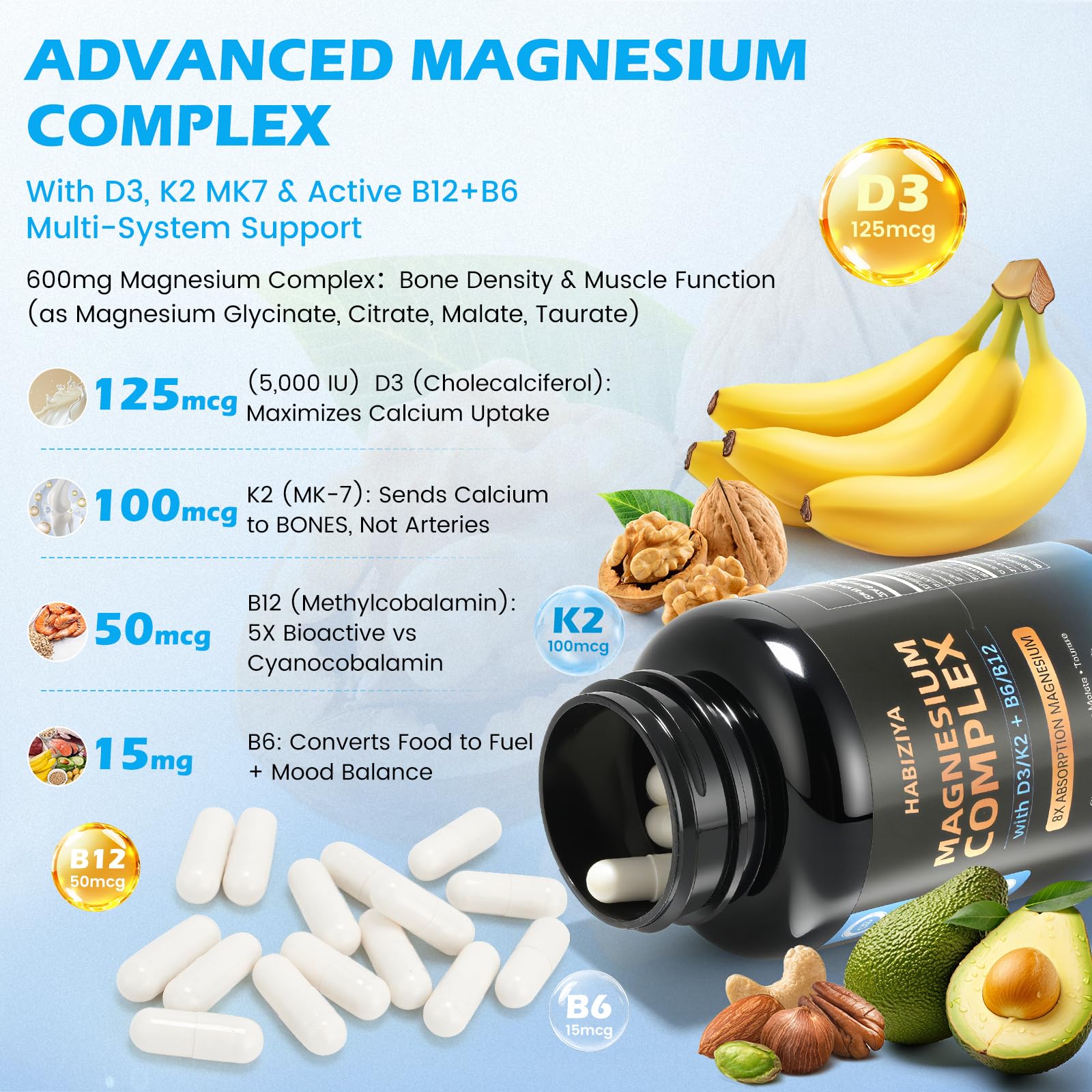 HABIZIYA Magnesium Complex 600mg side view showing capsule
