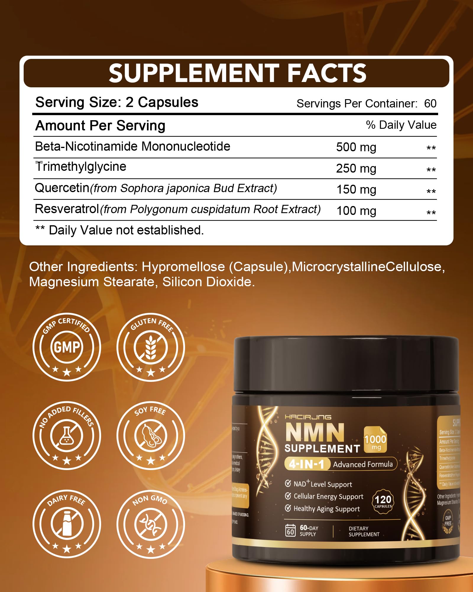 HACIRJNG NMN Supplement 1000mg capsules on a wooden table