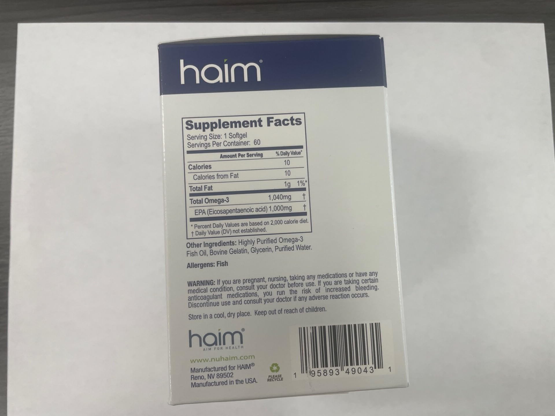 HAIM EPA1000 Fish Oil Supplement displayed on a kitchen counter