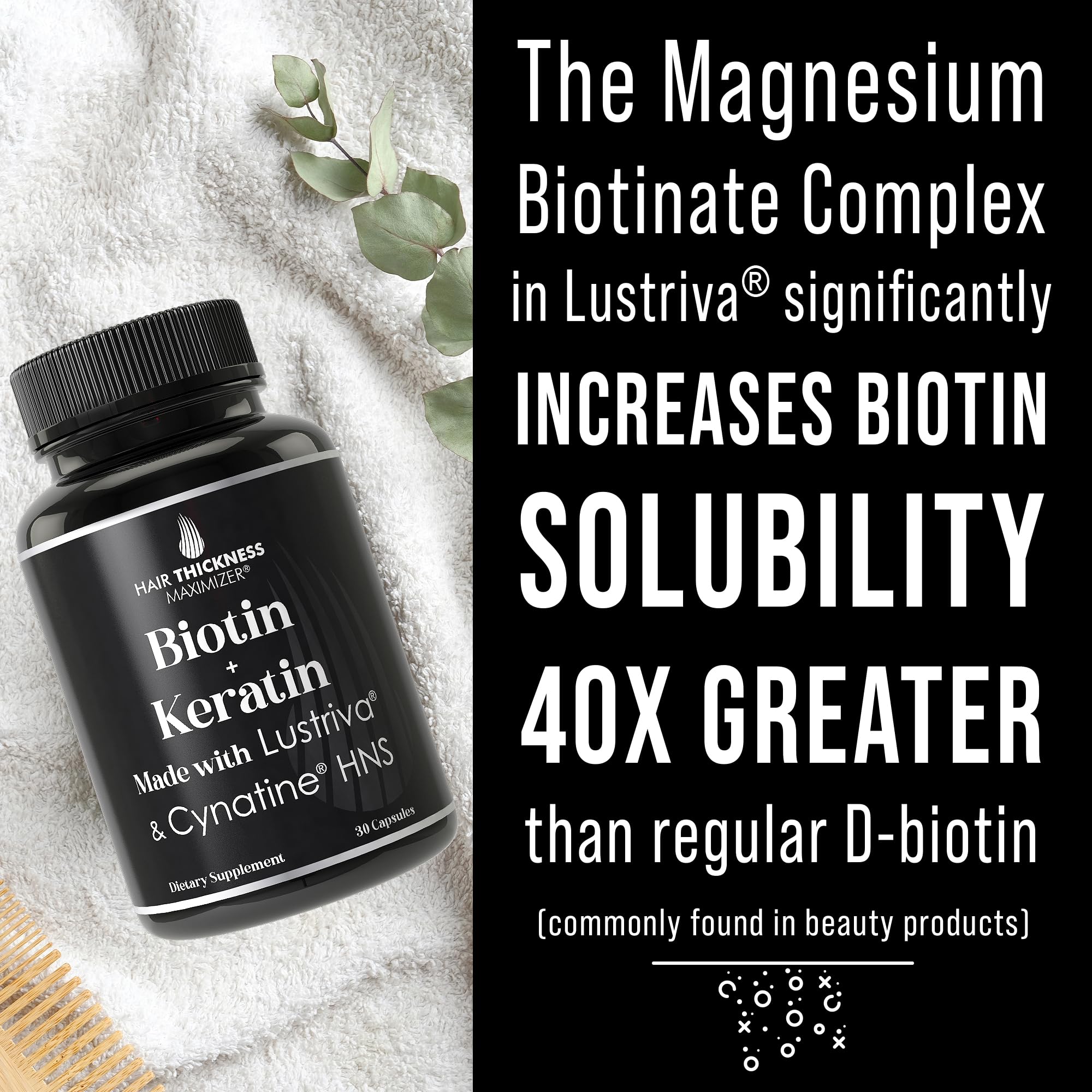 Hair Thickness Maximizer Biotin Supplement on a wooden table