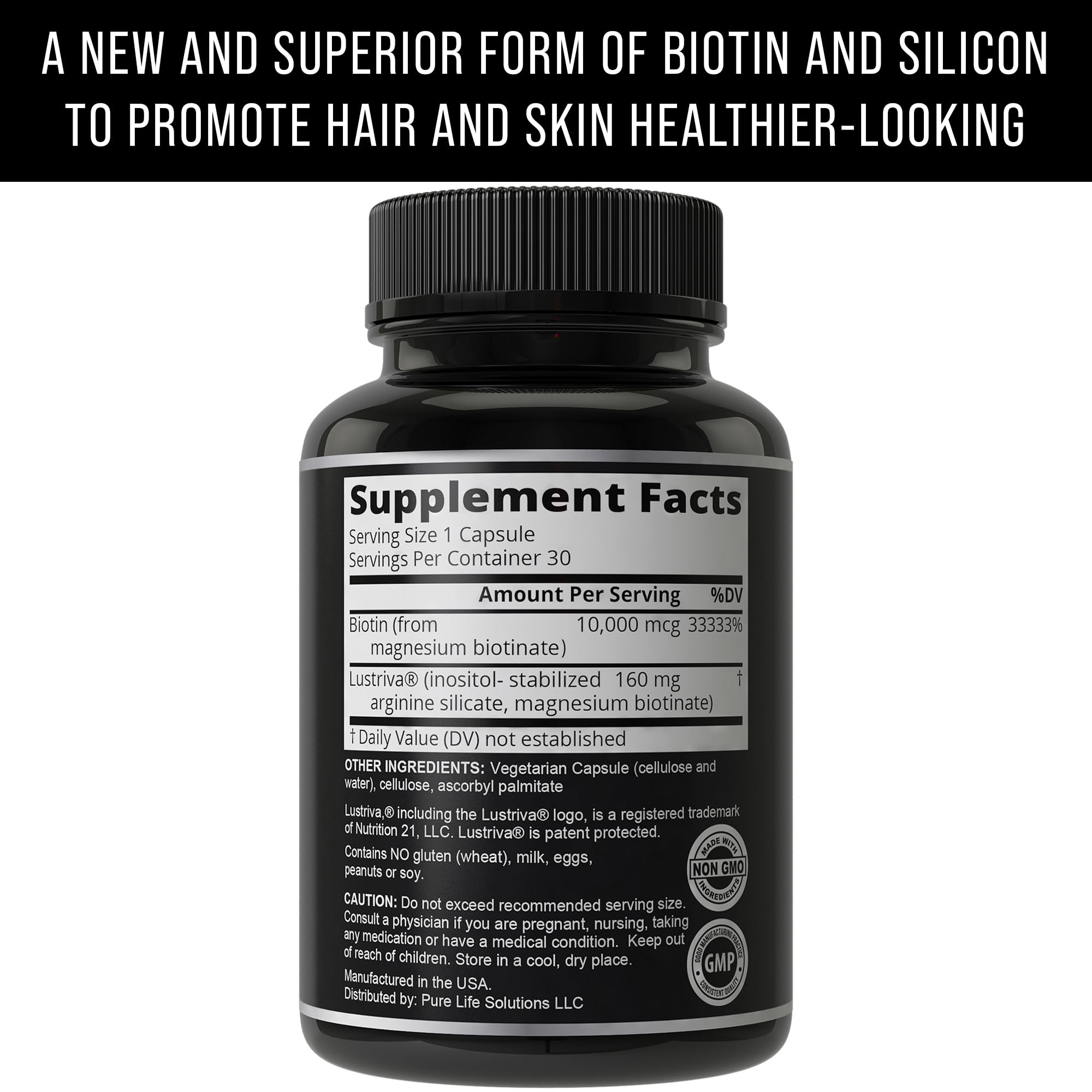 Hair Thickness Maximizer Lustriva Biotin Supplement on a wooden table