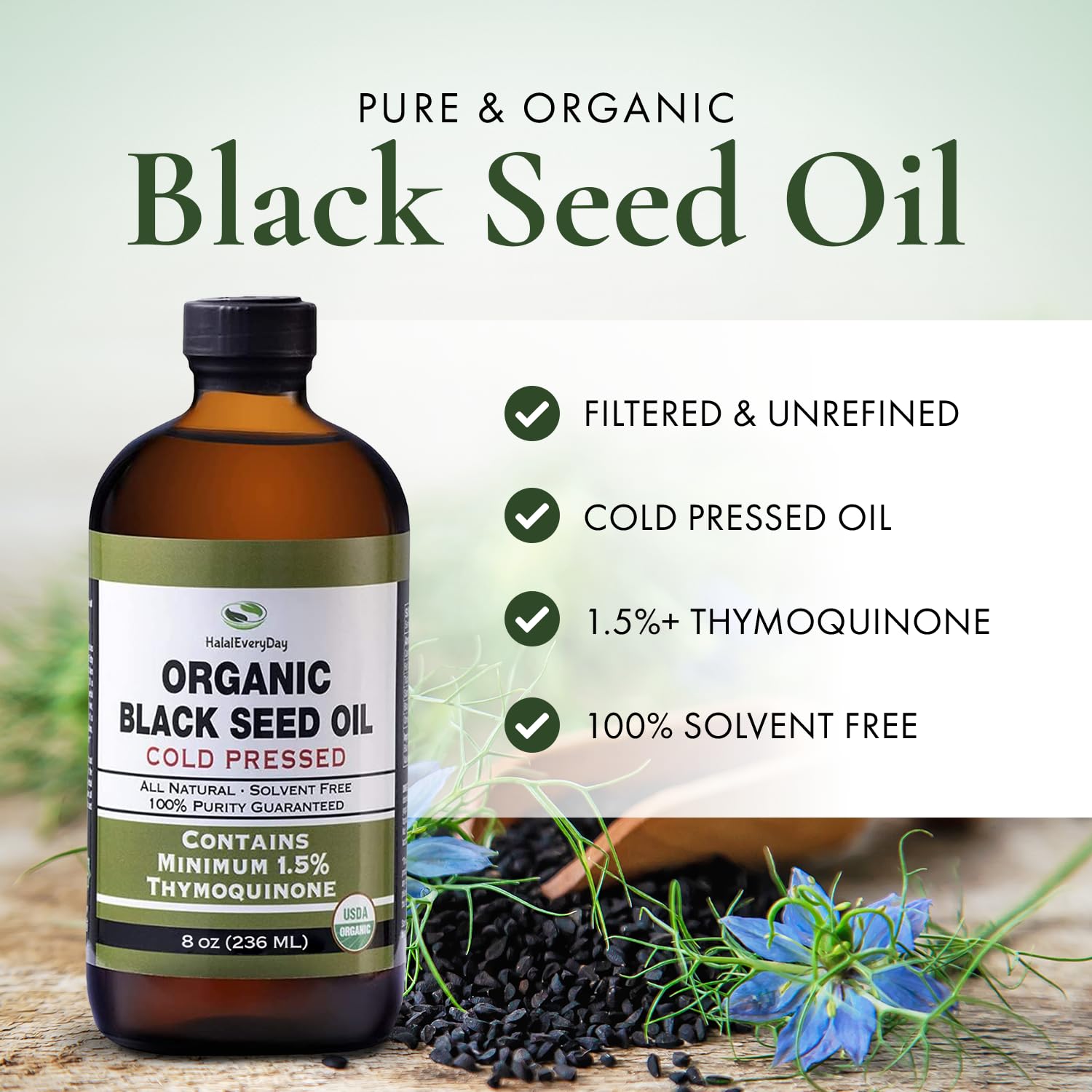 HalalEveryDay Black Seed Oil 227g bottle side view