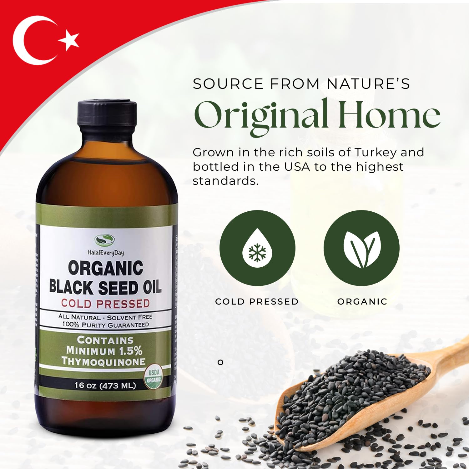HalalEveryDay Black Seed Oil 454g with a spoon