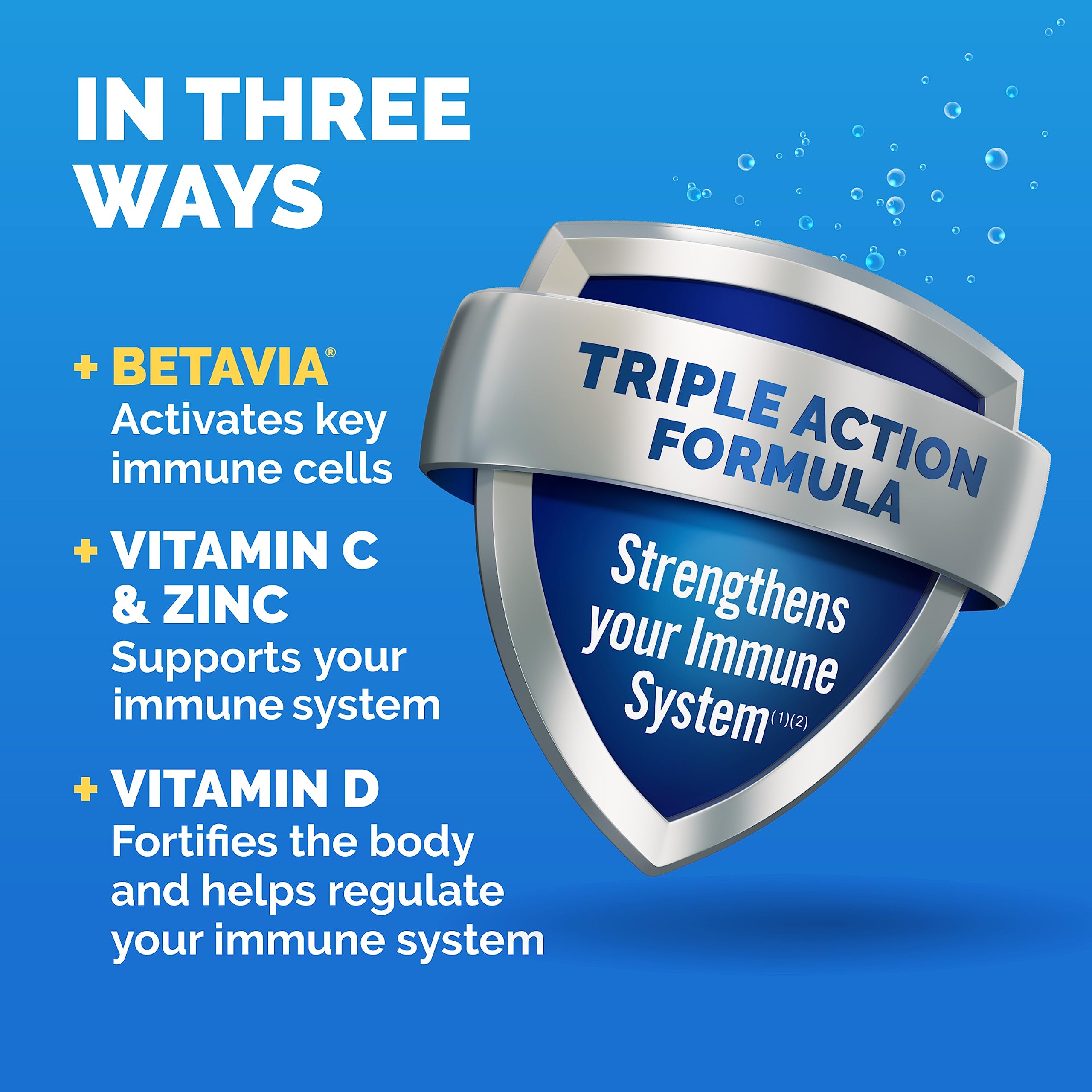 HALEON Emergen-C daily wellness+ Triple Action gummies on a wooden table