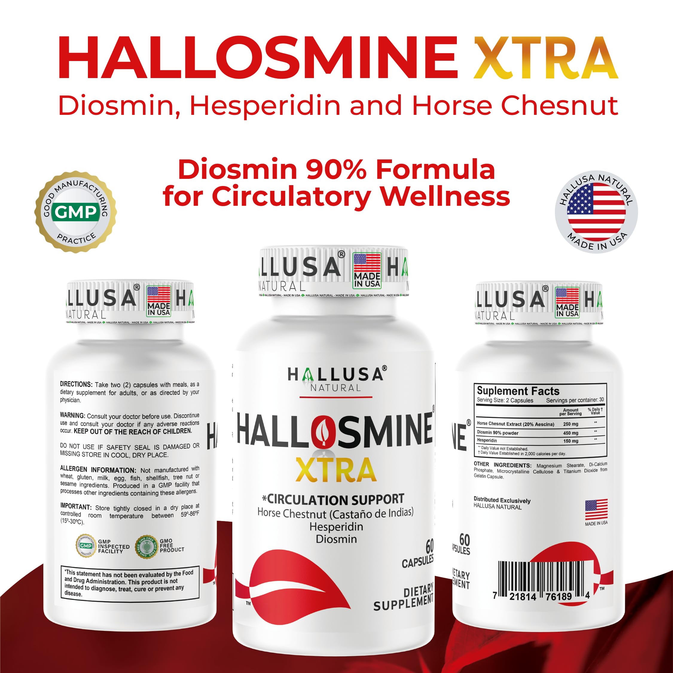 Hallusa Natural Circulation Support Supplement with free cream display