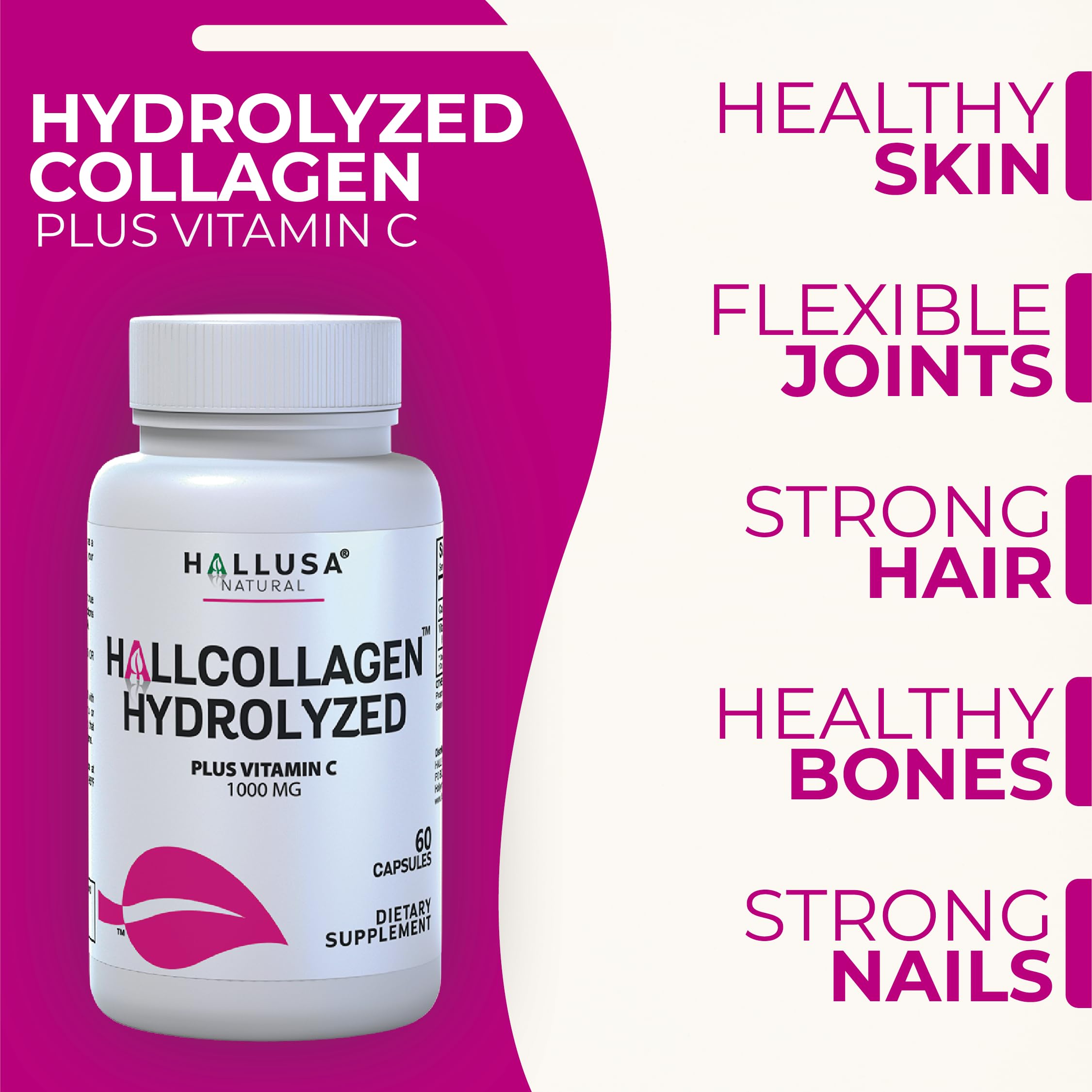 Hallusa Natural Collagen Supplement bottle with a measuring spoon