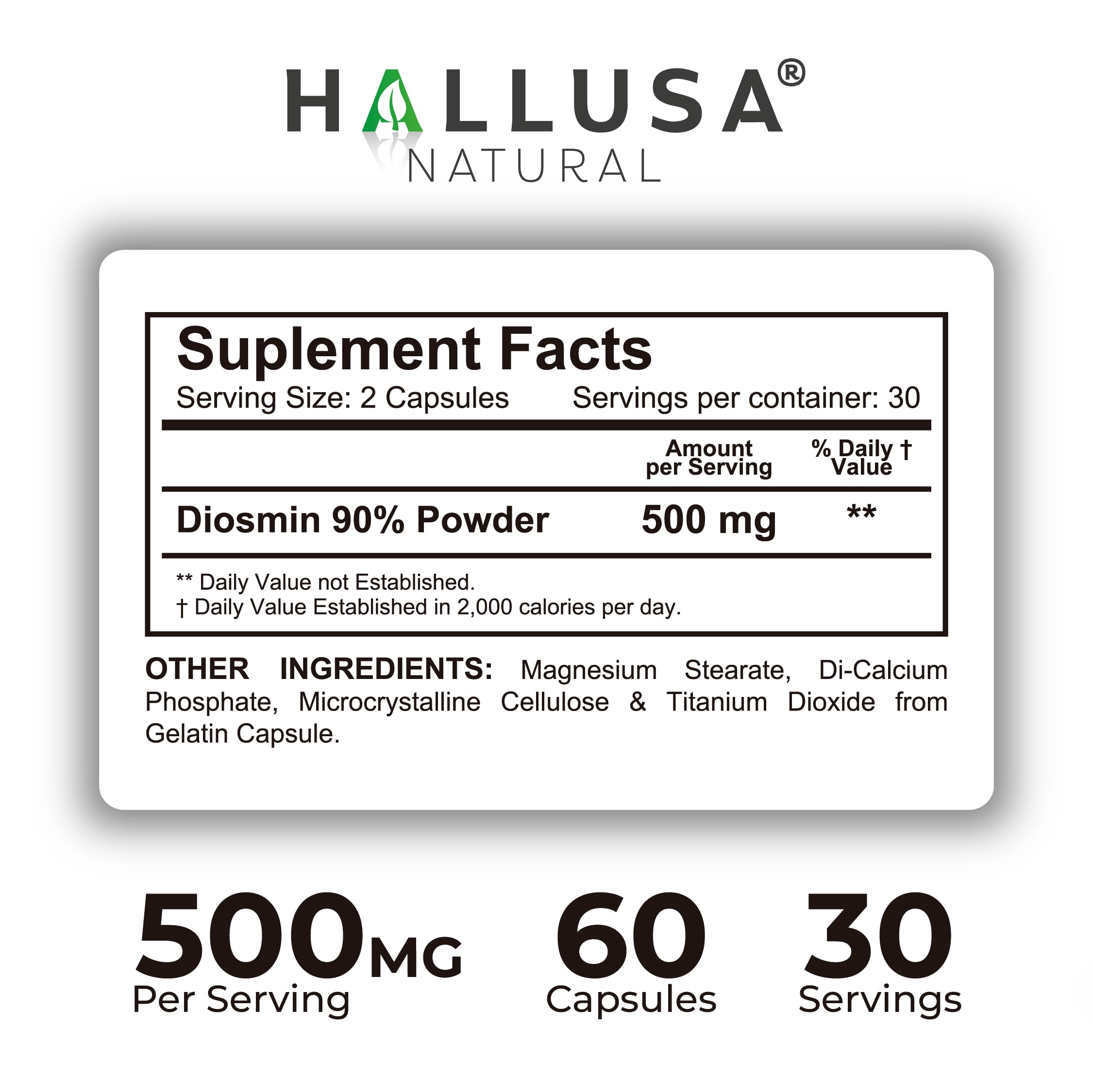 Hallusa Natural Diosmin 500mg Capsules showing the ingredient list